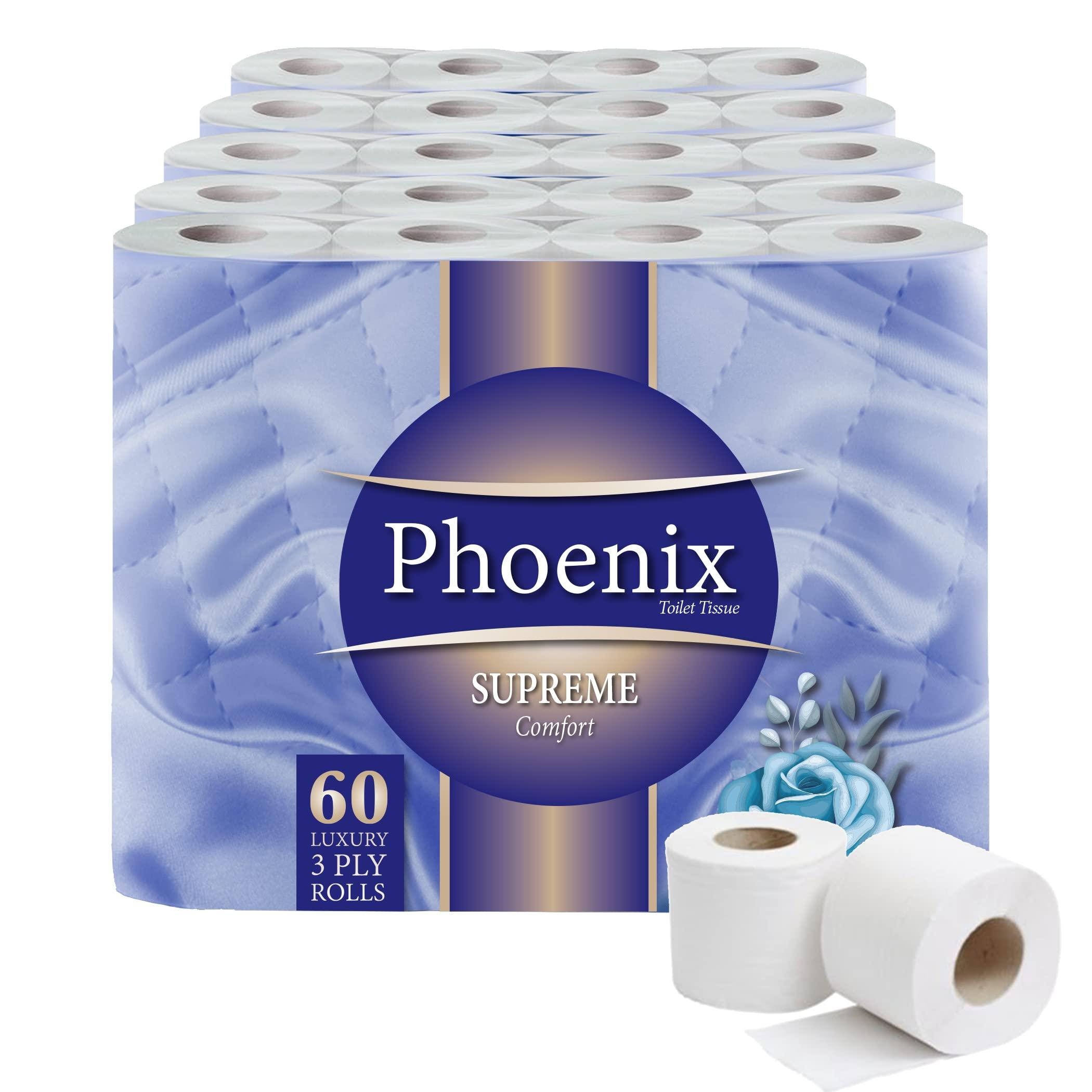 Phoenix 60 Phoenix Soft Supreme Luxury Toilet Rolls Bulk Buy - Quilted White 3 Ply Toilet Paper - Pack of 60 Toilet Tissue (12 x 5 Packs)