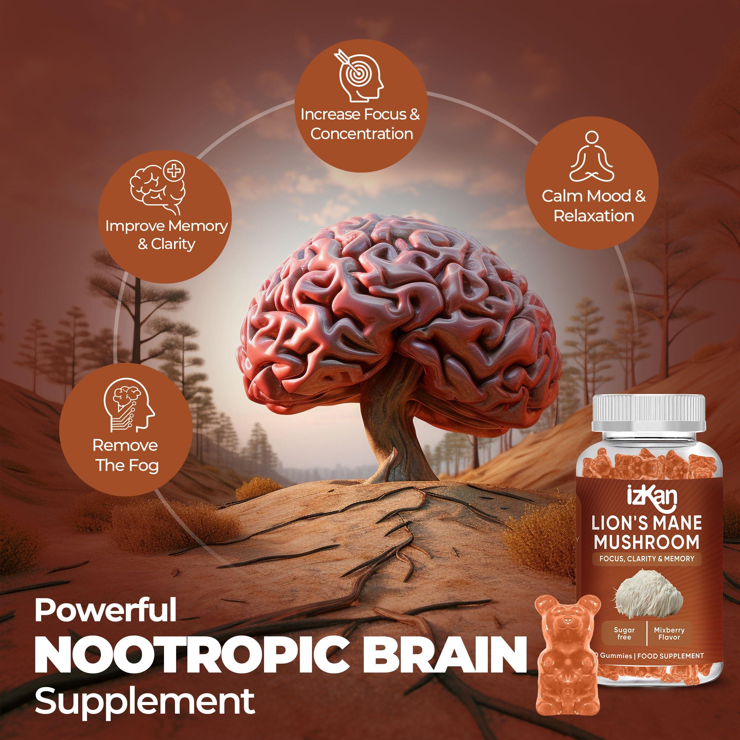 Izkan Mushroom Gummies 1000mg - Lion Mane Mushroom Gummies Supplement Promotes Focus, Memory, and Mood - 60 Count (Mixed Berry Flavor, Halal, Gluten-Free, Vegan) (2)