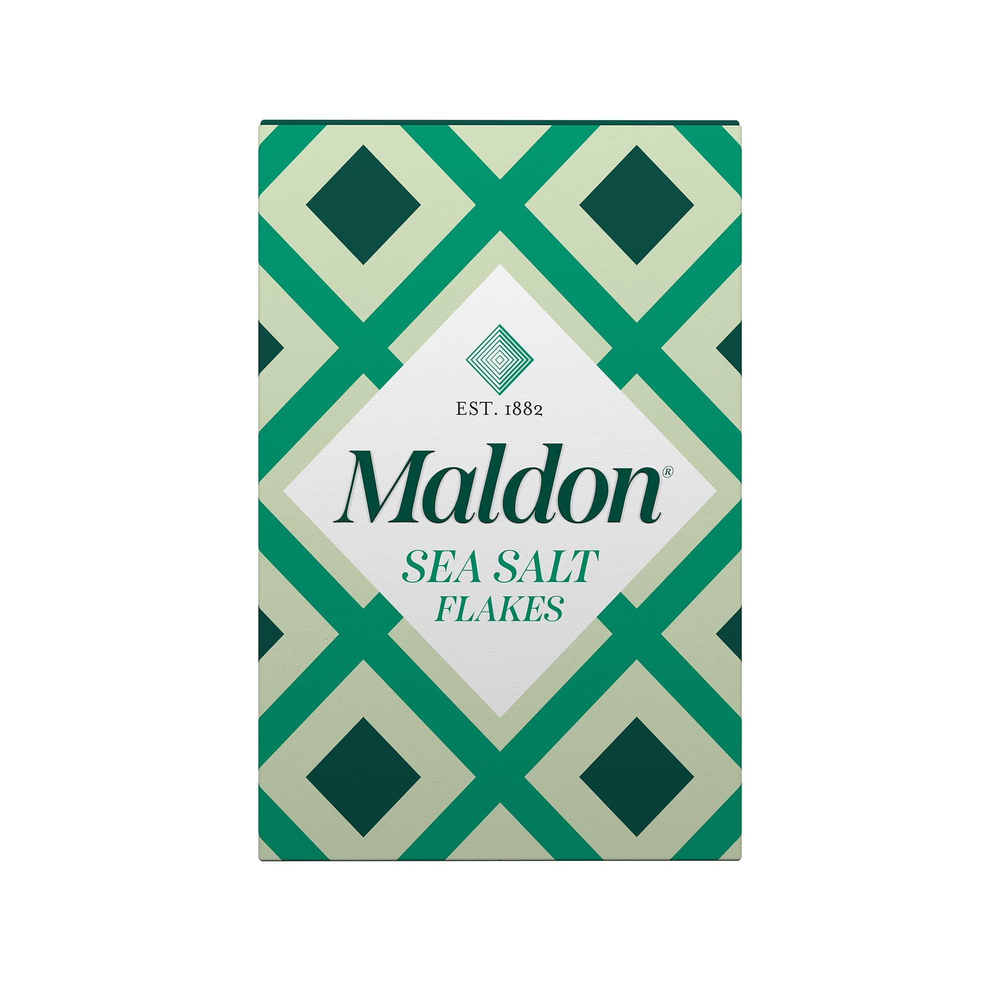 Maldon Maldon - Sea Salt Flakes, Unique Pyramid Shaped Salt Flakes, Perfect for a Wide Range of Dishes, Hand-Harvested for Four Generations, 250g Box
