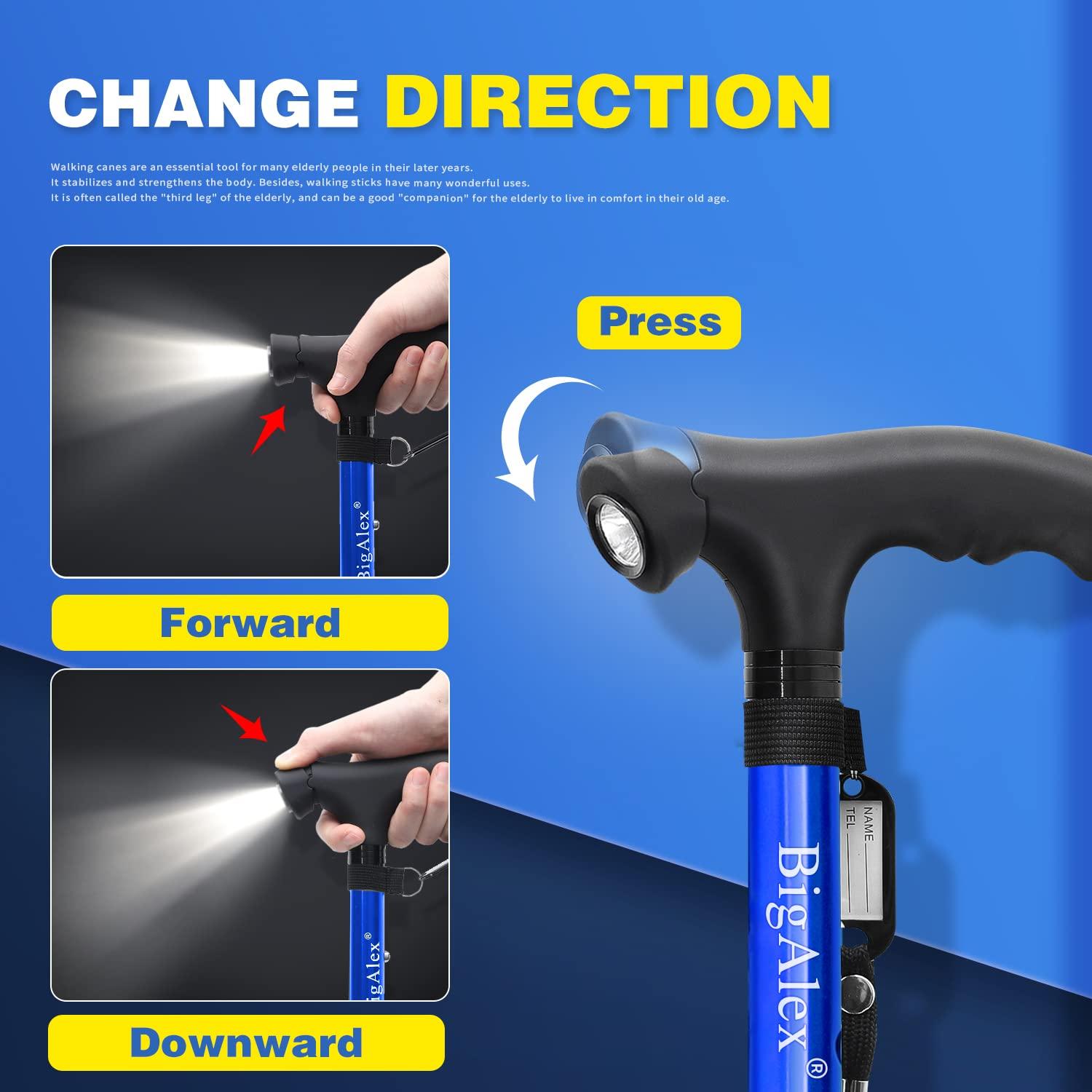 BigAlex BigAlex Folding Walking Cane with LED Light,Pivoting Quad Base,Adjustable Walking Stick with Carrying Bag for Man/Woman (MG Alloy BaseBlue)