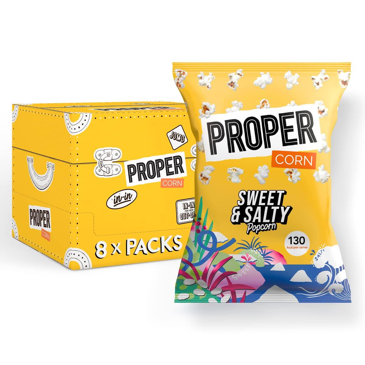 PROPER PROPERCORN Sweet & Salty Popcorn, 90g x 8, Sharing Bags, Natural Sea Salt and Demerara Sugar Seasoning, Vegetarian & Gluten-Free, 135 kcal per portion