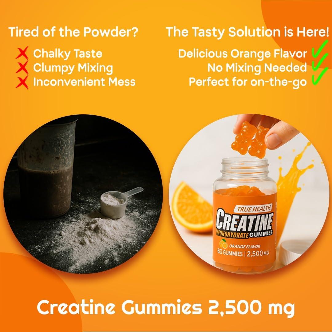 TRUE HEALTH True Health Creatine Monohydrate Gummies - Vegan Muscle Recovery Supplement, Orange Flavor, 60 Count - Easy & Tasty Post-Workout Boost