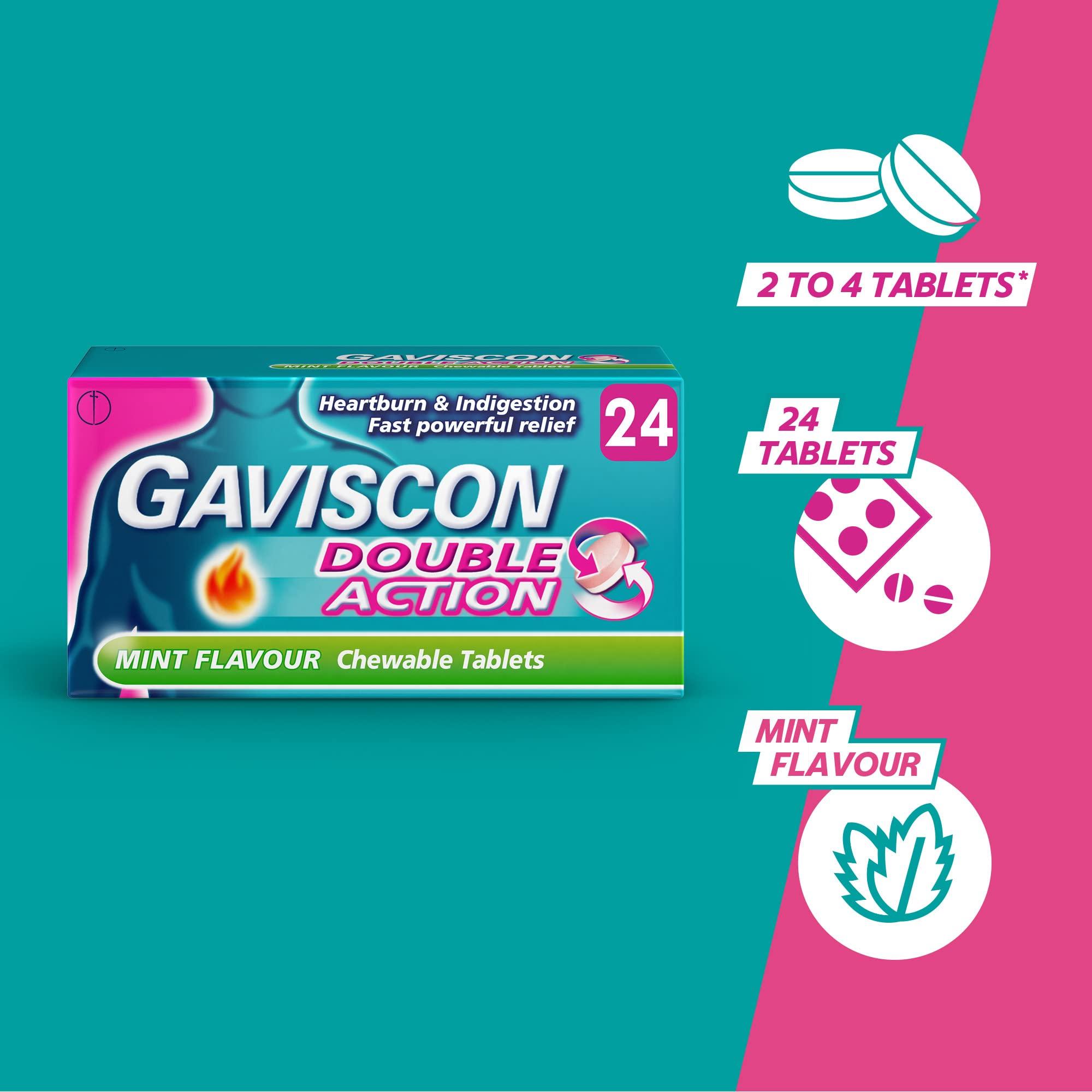 Gaviscon Gaviscon Double Action Heartburn and Indigestion Tablets, Mint Flavour, Pack of 4 x 24 Tablets, Total 96 Tablets