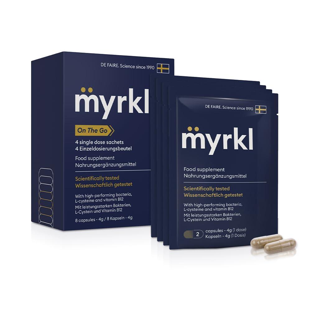 Myrkl Myrkl, Unique Formula Helps Reduce Tiredness and Fatigue | Probiotics, L Cysteine, and Vitamin B12 Helps with Morning Energy | Food Supplement, Natural, Vegan, 8 Capsules (2 in Each On-The-Go Sachet)