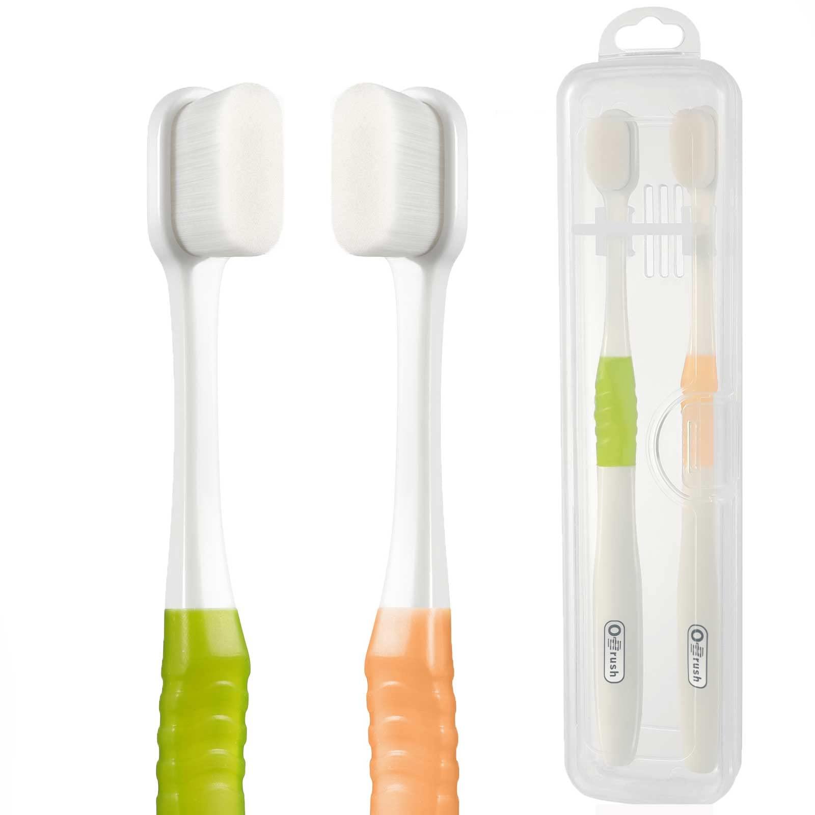 B Rush OBrush Soft Toothbrush for Sensitive Teeth and Gums, New 20,000 Micro Fine Nano Bristles Tooth Brush for Adults, Pregnant and Elderly, Packed in Portable Case, Color Green Beige Pack of 2