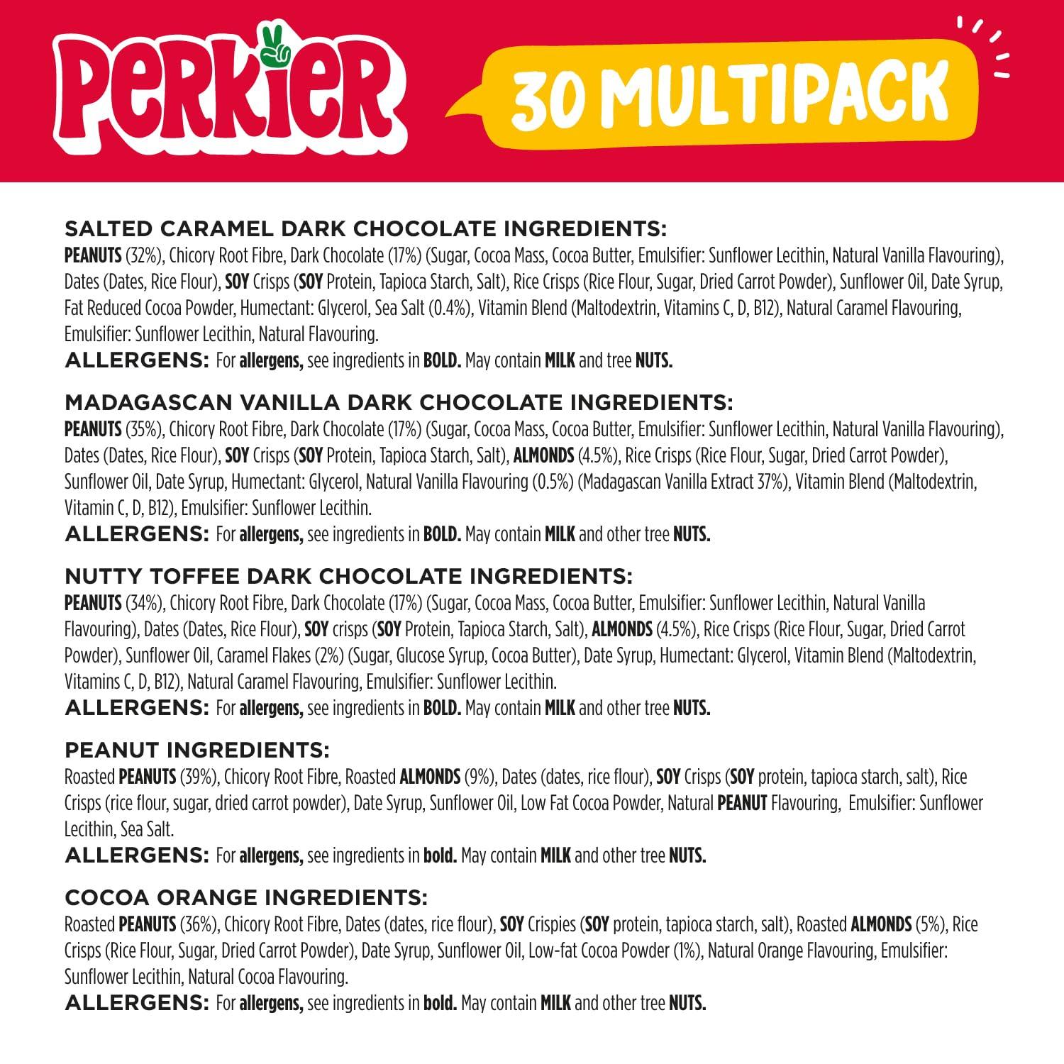 Perkier Perkier Variety Box (30 bars) Vegan - Gluten Free - Protein Packed - Lower Sugar - High Fibre - Snack Bars