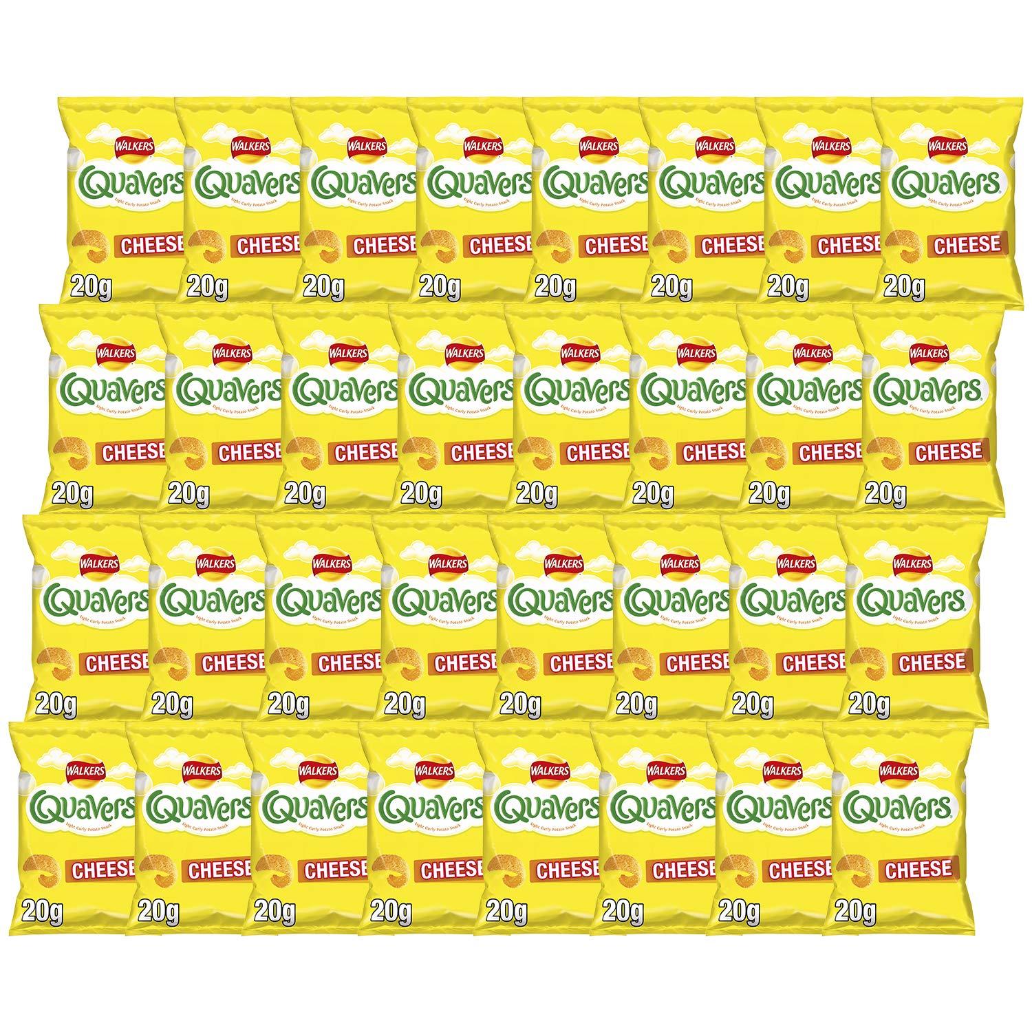 Walkers Walkers Crisps Squares Cheese and Onion Snacks Box, 27.5 g (Case of 32) (Packaging may vary) & Crisps Quavers Cheese Snacks Box, 20 g (Case of 32)