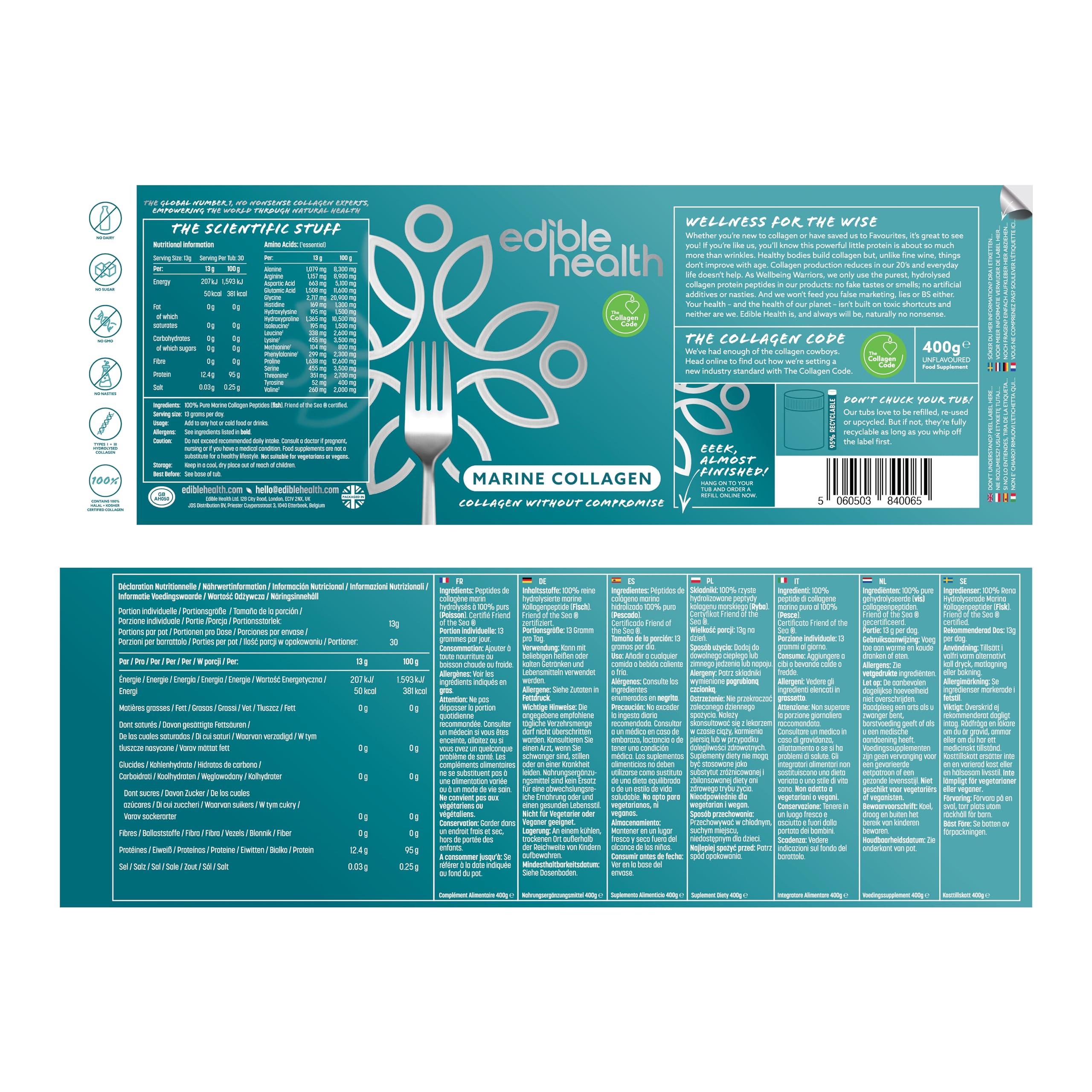 Edible Health High Protein Marine Collagen Powder, Collagen Supplements Regeneration, Quality Collagen Powder Supplement, Collagen Peptides for Diet and Everyday, Carb Free Marine Collagen, 400g Tub,30 Day Supply