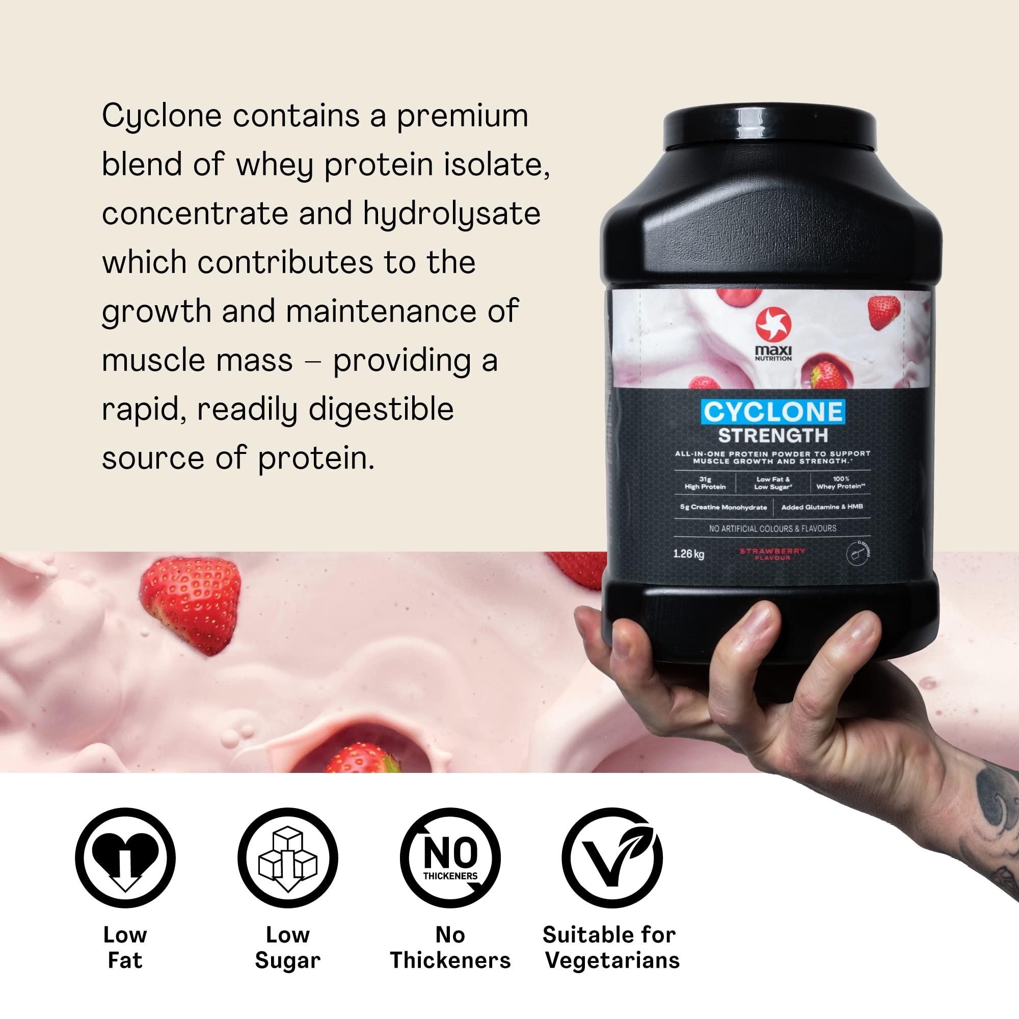 MaxiNutrition MaxiNutrition Cyclone, Strawberry - Premium Whey Protein Powder with Creatine Low in Sugar and Fat, Vegetarian-Friendly - 31g Protein Shake Powder, Low Calorie 205 kcal per Serving, 1.26kg