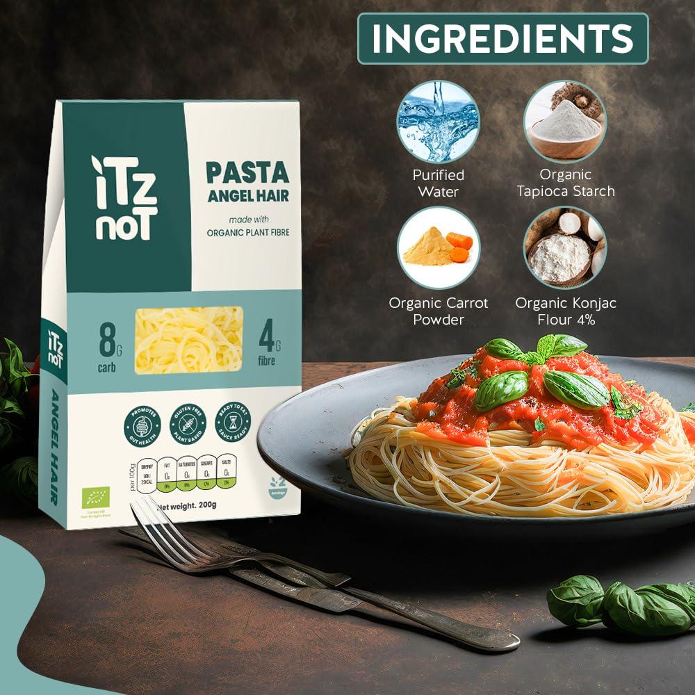 ITZ NOT iTz noT jusT PASTA ANGEL (Pack of 6, 200g Each) Ready cooked, Shirataki, Moyu, Konjac Plant Fibre Pasta, Low Carb, & No Added Preservatives, Healthy, Gluten Free, Gut Health. 100% Natural