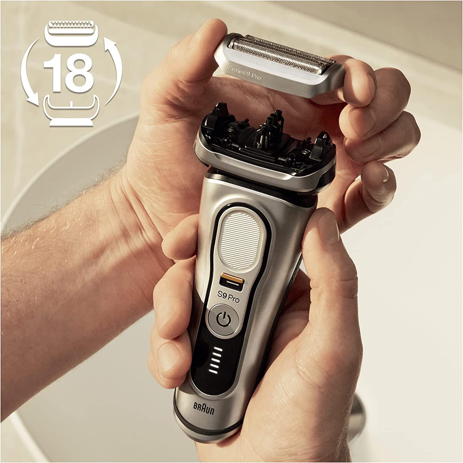 Braun Braun Series 9 Pro Electric Shaver with 4+1 Head, Electric Razor for Men with ProLift Trimmer, 5-in-1 SmartCare Center and Leather Travel Case, 9465cc + Shaver Replacement Head, 94M, Silver