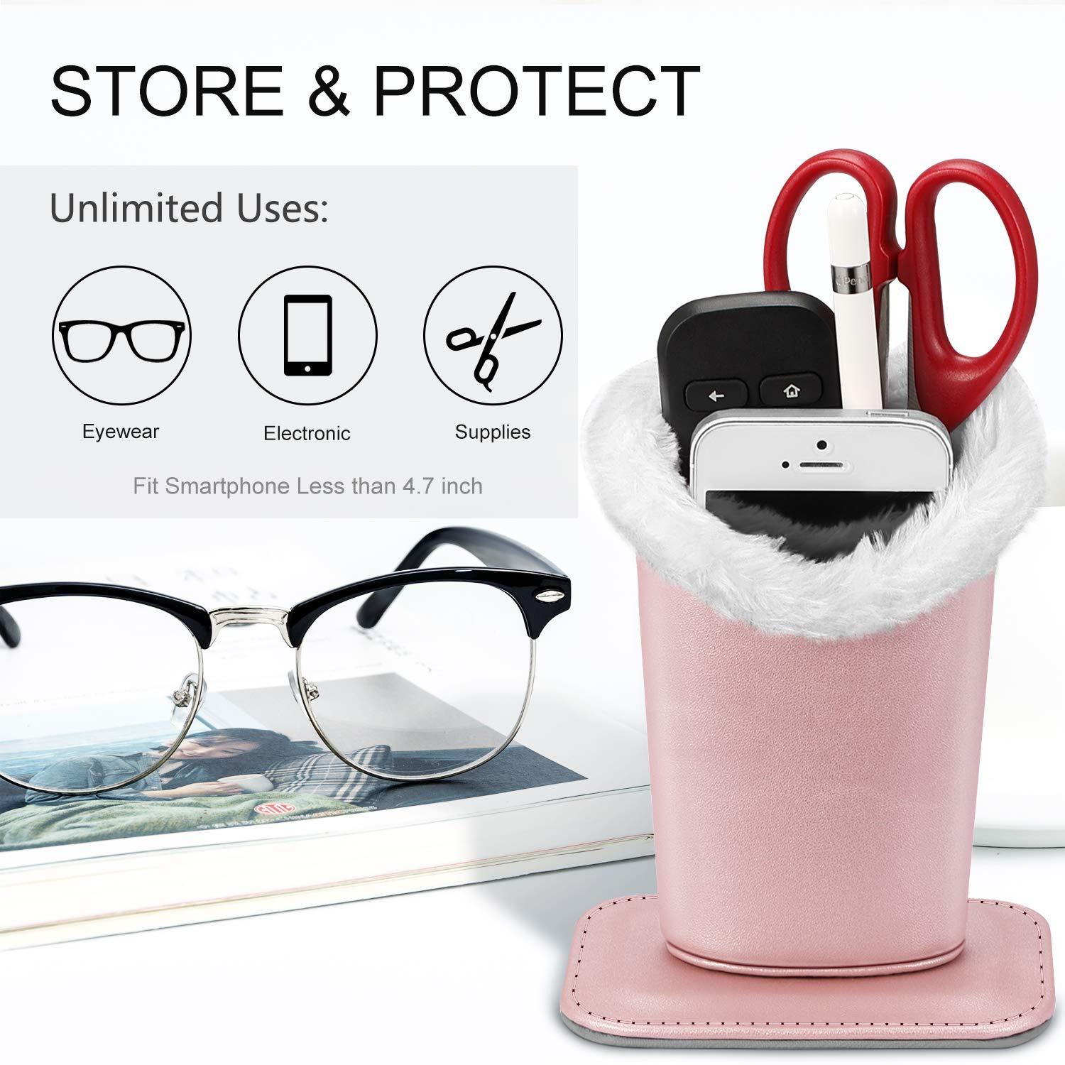 FINTIE Fintie Plush Lined Eyeglasses Holder with Magnetic Base- Premium Vegan Leather Glasses Stand Case, Rose Gold, 5.51*3.94*3.54