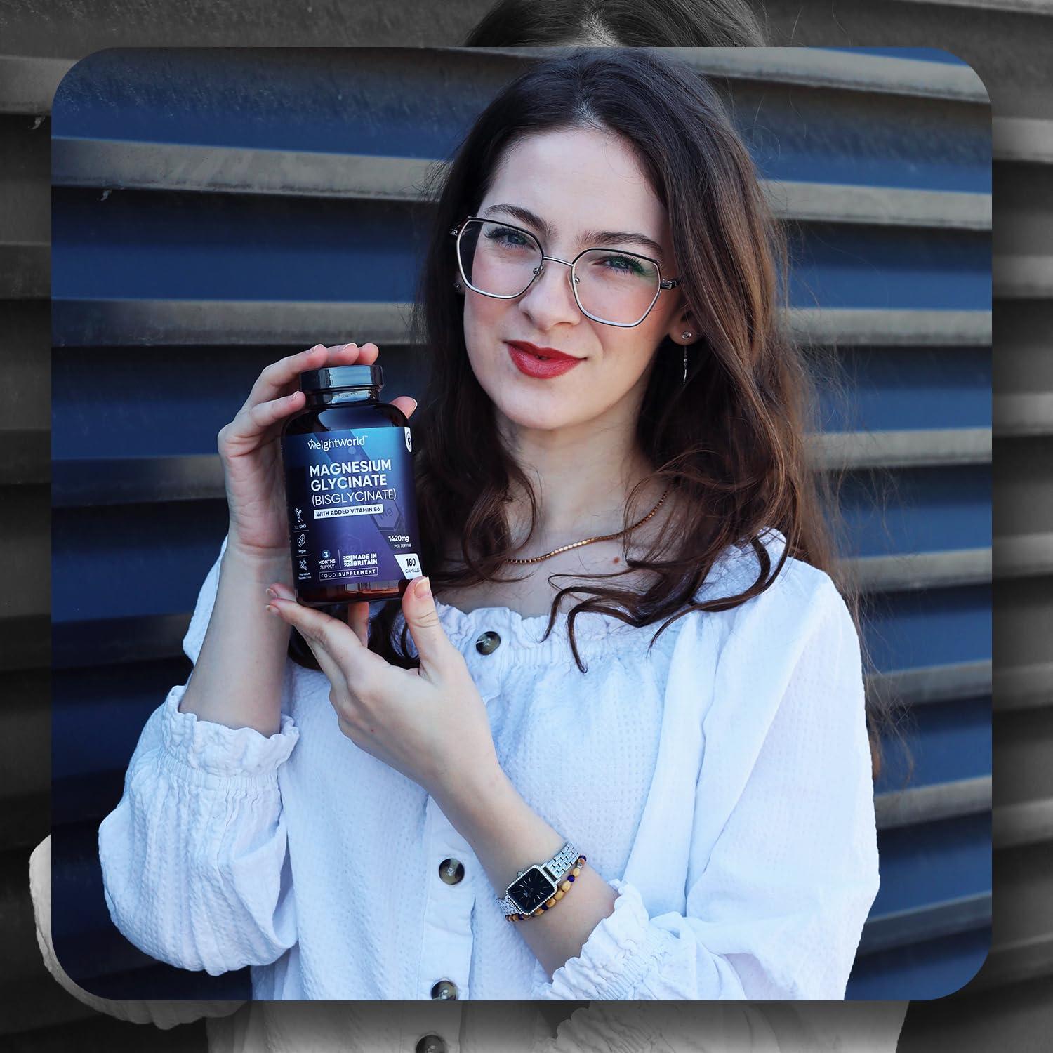 WeightWorld Magnesium Glycinate with Vitamin B6-1420mg Pure Magnesium Bisglycinate Powder Capsules - 180 Magnesium Bisglycinate Capsules - 3 Months Supply - High-Strength Magnesium Supplements