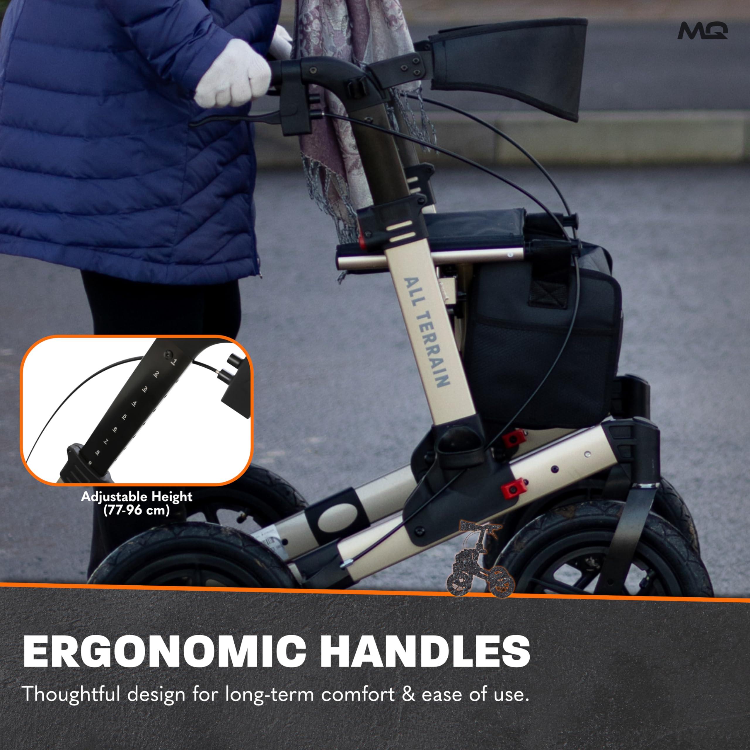 MobiQuip MobiQuip All Terrain 4 Wheel Walker with Seat, Folding Rollator with Large Wheels, Lightweight and Easy to Manoeuvre Over All Terrains, Walker for Adults Mobility or Walking Aid (Champagne)