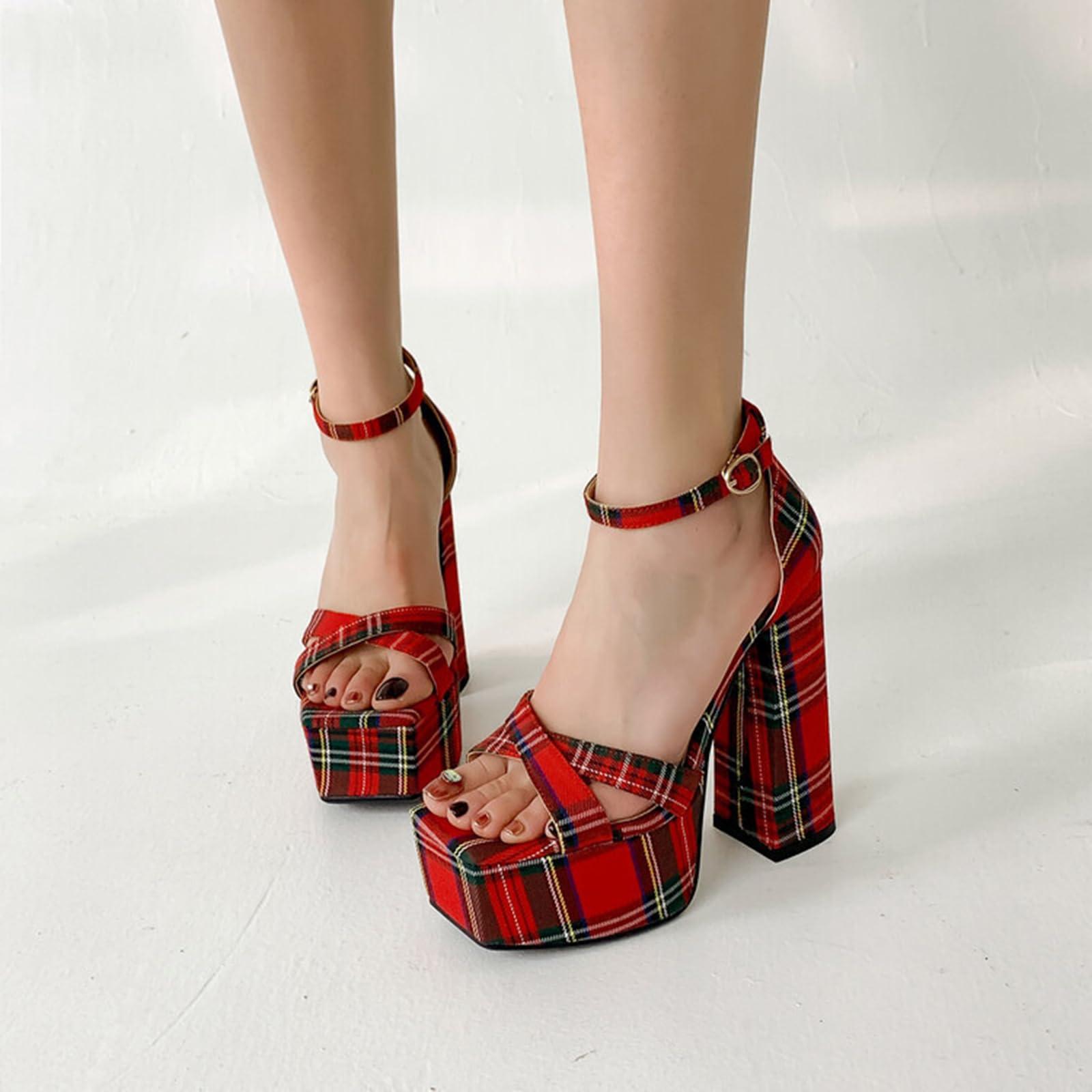 WOkismD WOkismD 14CM Women's Platform High Heel Sandals Fashion Open Toe Square Head Thick Sole Comfortable Sexy Summer Sandals,Red,38