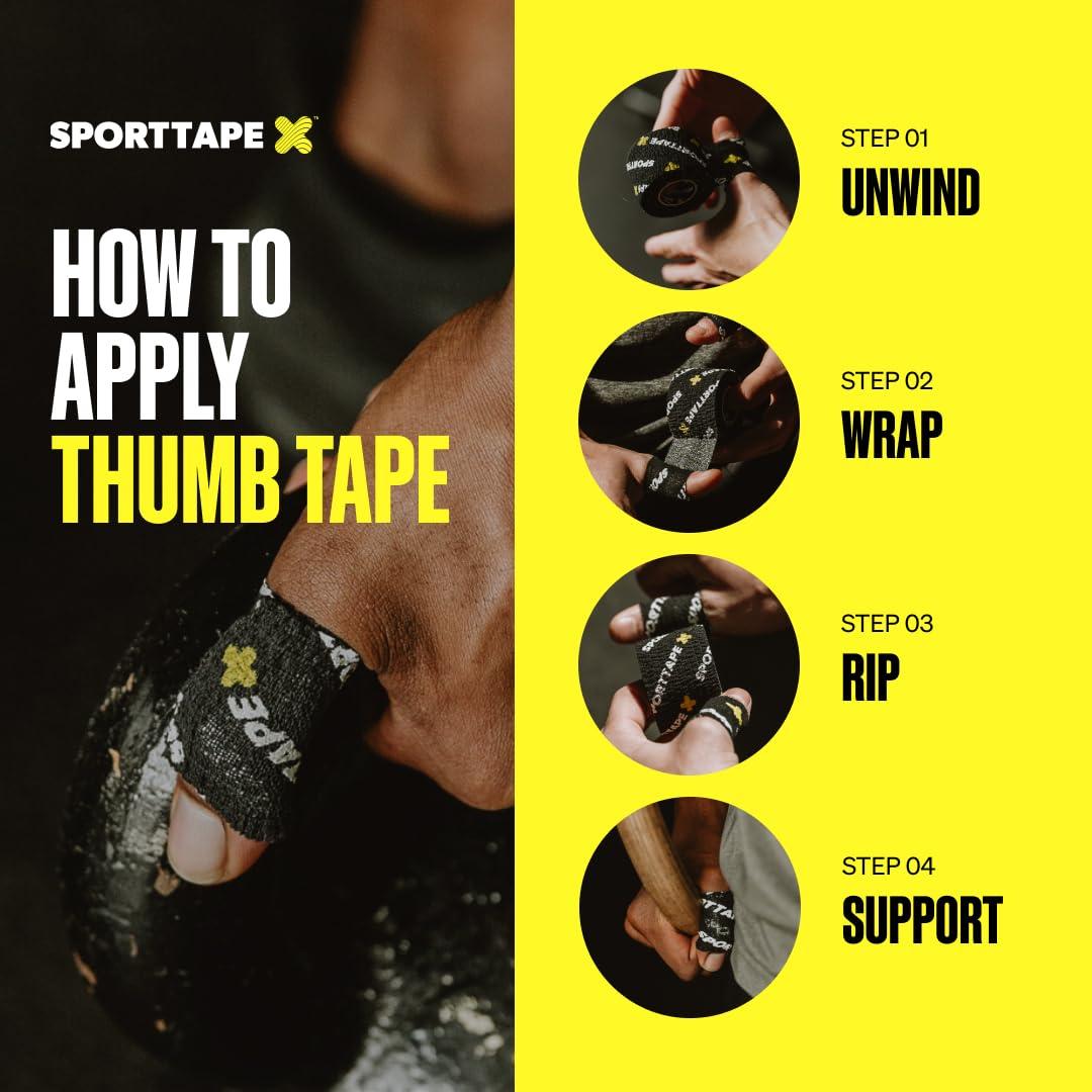 SPORTTAPE SPORTTAPE 3 Rolls Weightlifting Thumb Tape - Punk | CrossFit Tape with Sweatproof Adhesive | Easy Tear Grip Tape | Weightlifting Tape for Hook Grip, Olympic Lifting & Powerlifting - 3.8cm x 4.5m