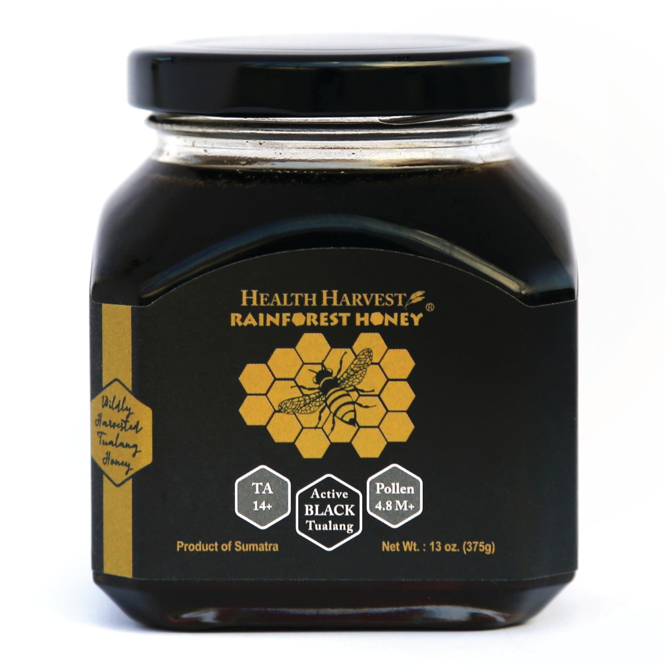 Health Harvest Premium Tualang Black Honey 375g (TA 14+, Pollen Count 4.8M+, Pollen Variety 150+) Intense Choice for Men Preservation, Wild-ripening on 250ft Treetop, Raw, Unpasteurised, Unfiltered