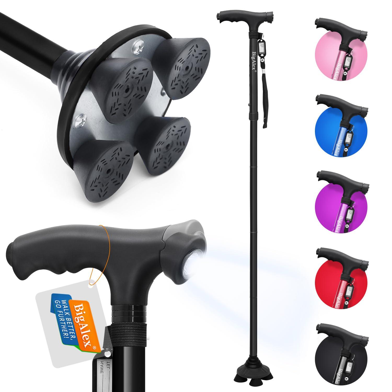 BigAlex BigAlex Folding Walking Cane with LED Light,Pivoting Quad Base,Adjustable Walking Stick with Carrying Bag for Man/Woman