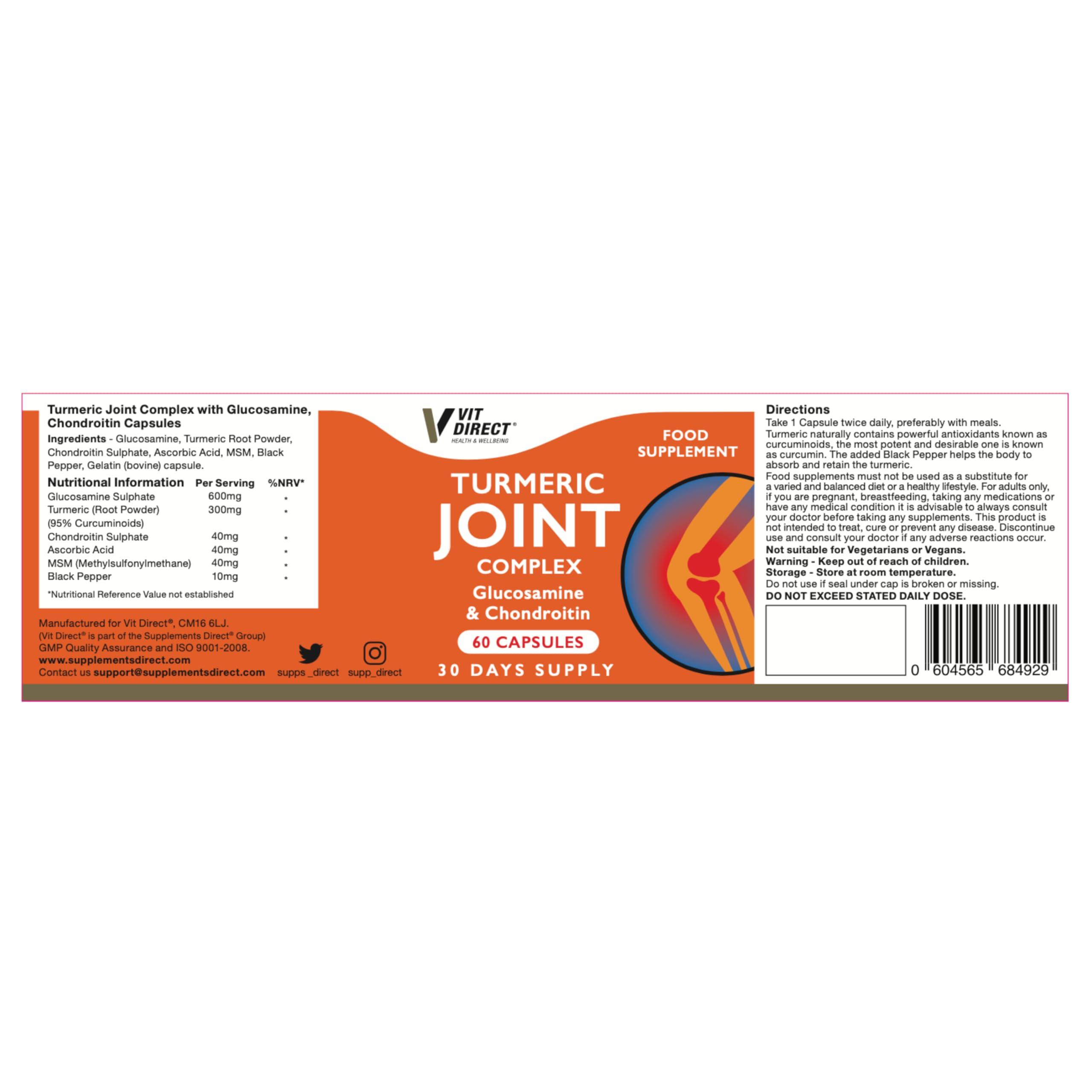 Vit Direct Vit Direct - Turmeric Joint Capsules - 60 Capsules - Joint Care Supplements - with Glucosamine & Chondroitin - Improve Overall Joint Health - Pain Relief - Cartilage Protection