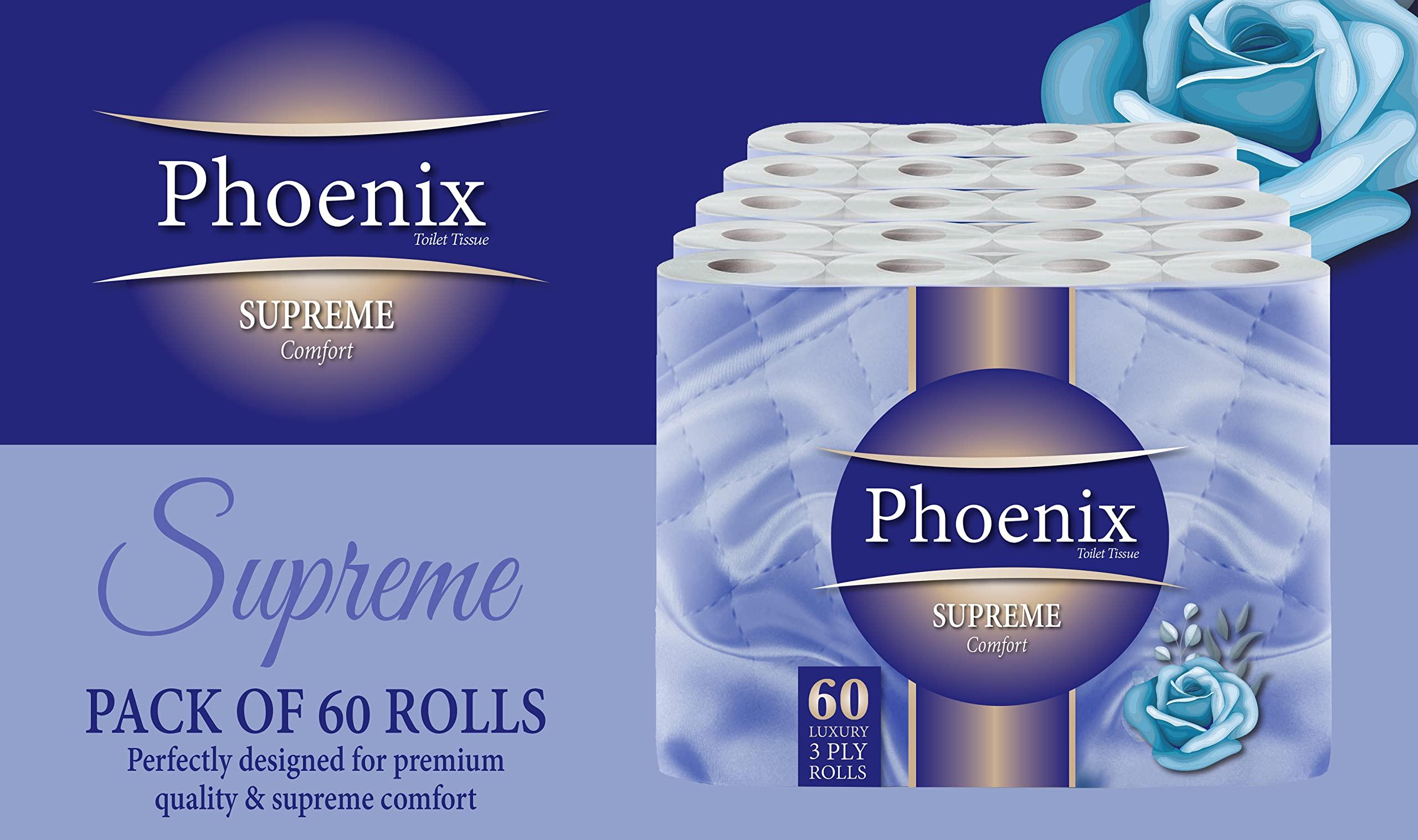 Phoenix 60 Phoenix Soft Supreme Luxury Toilet Rolls Bulk Buy - Quilted White 3 Ply Toilet Paper - Pack of 60 Toilet Tissue (12 x 5 Packs)