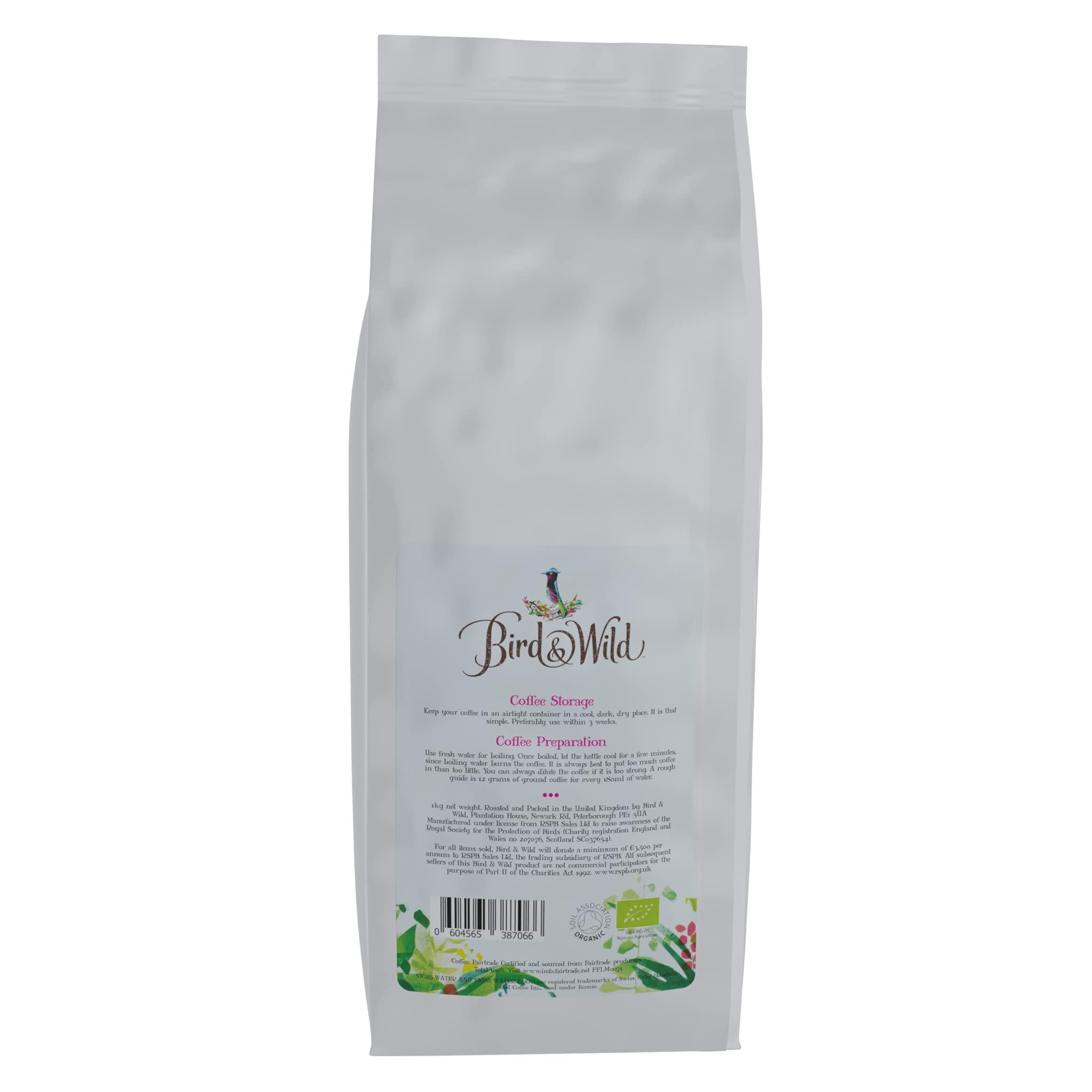 Bird & Wild Fairtrade Organic Decaf Coffee Beans 1kg - Swiss Water Decaffeinated Process - All Coffee Machines - Bird & Wild Coffee - Donation to RSPB - Strength 3 - Medium Roast - 100% Arabica