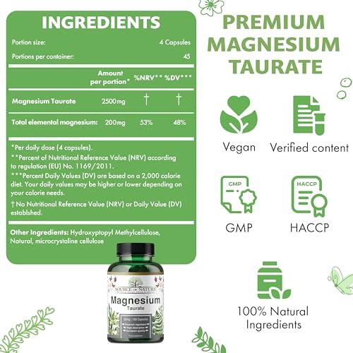 Source of Nature Source of Nature | Magnesium Taurate 625mg | 180 Capsules | 45-Day Supply | 50mg Elemental | High Bioavailability | Easy on The Stomach | Laboratory Tested