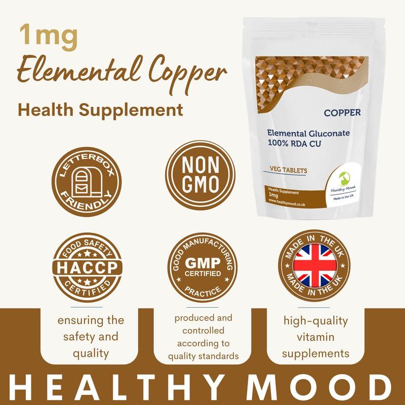 Healthy Mood Copper 1mg Tablets Elemental Gluconate CU for 100% RDA Essential Trace Mineral Supplement for Immunity & Energy