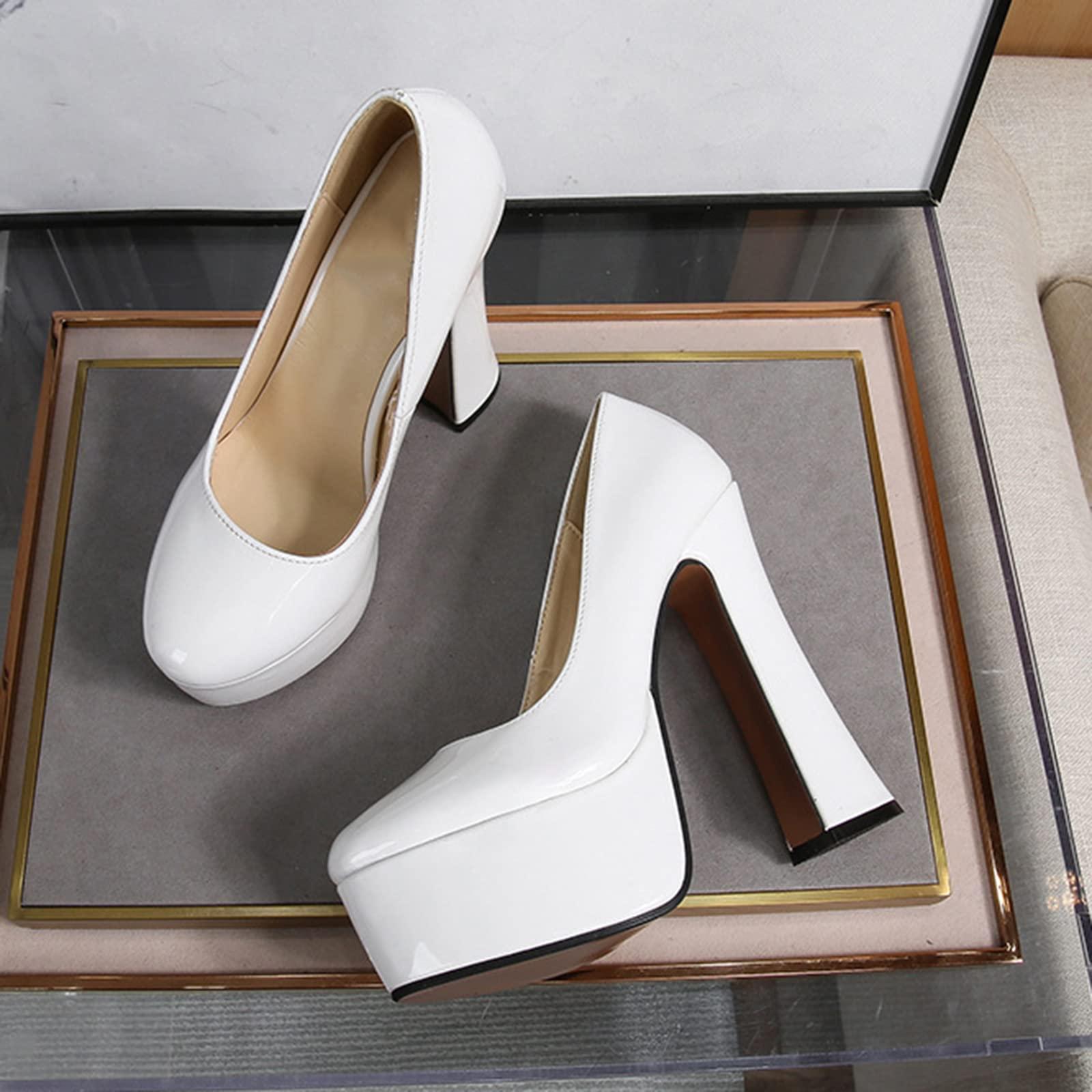 woileRQ woileRQ Sexy Chunky Heel Platform Pumps,Classic Slip-On Wedding Party Dress Heeled Sandals,5.5'' High Heels for Women,Plus Size Shoes,White,43