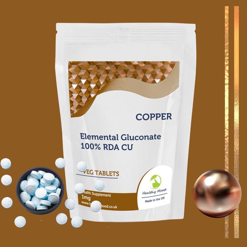 Healthy Mood Copper 1mg Tablets Elemental Gluconate CU for 100% RDA Essential Trace Mineral Supplement for Immunity & Energy