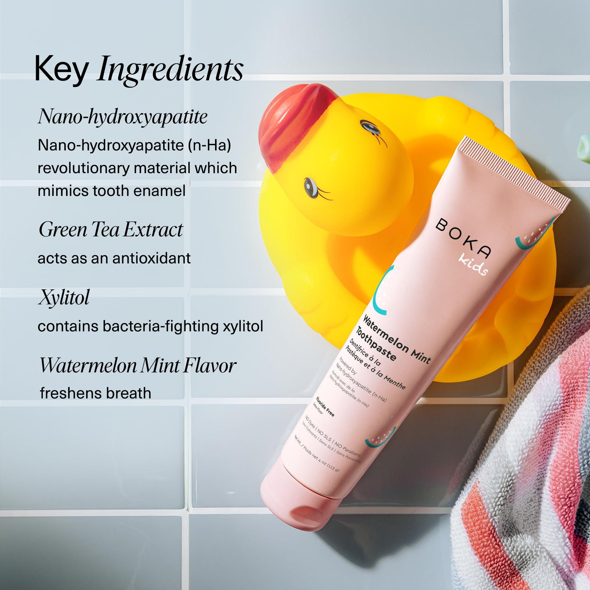 Boka Boka Natural Kids Toothpaste, Fluoride Free - Nano Hydroxyapatite for Remineralizing, Sensitive Teeth, & Whitening - Dentist Recommended Oral Care - Watermelon Mint, 120ml (Pack of 1) - Made in USA