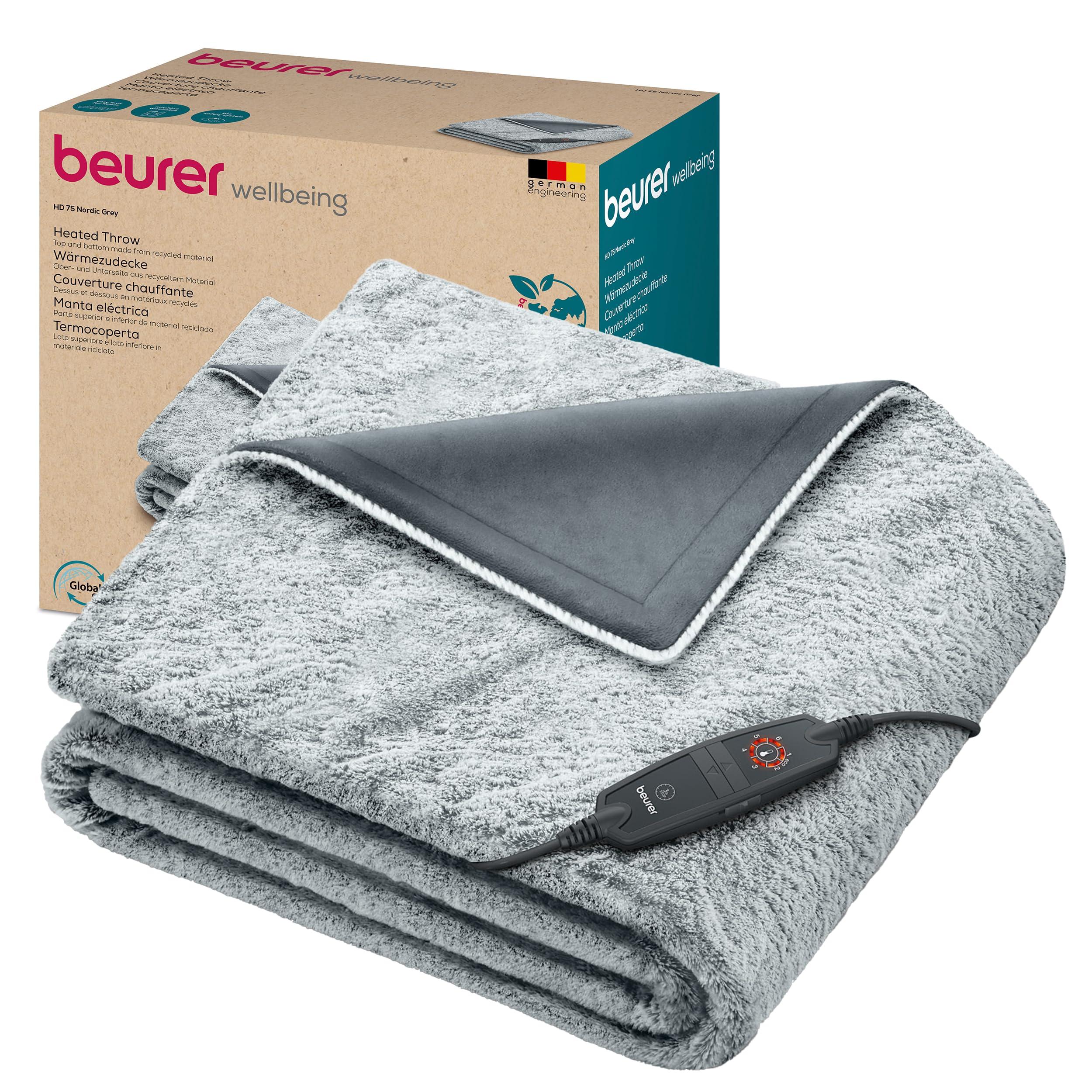 Beurer Beurer HD75 Nordic Grey Green Planet Electric Blanket, Heat Blanket Made from Recycled Material, Cuddly Soft, 6 Temperature Levels, Machine Washable, Automatic Shut-Off, 180 x 130 cm