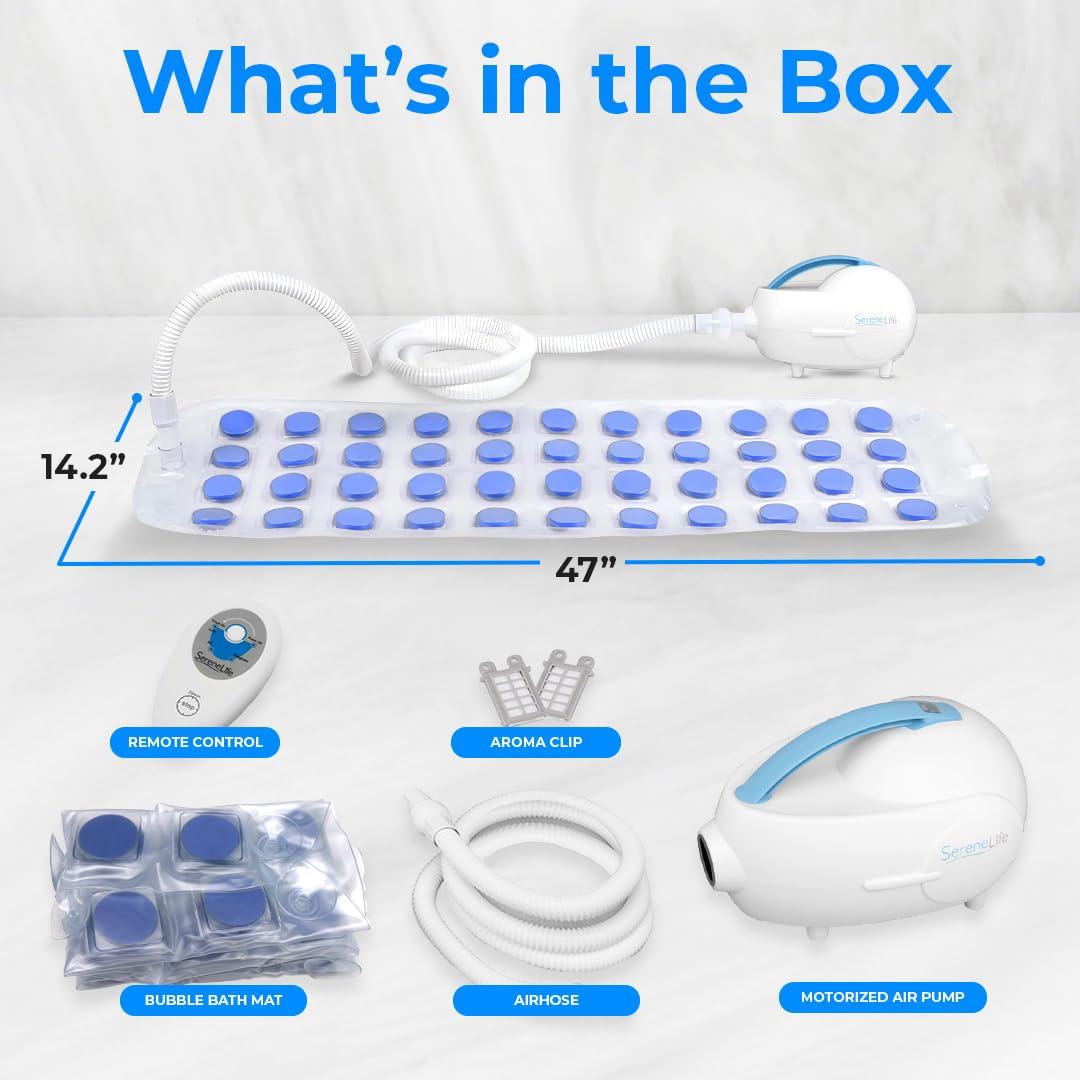 SereneLife Portable Spa Bubble Bath Massager - Thermal Spa Waterproof Non-Slip Mat with Suction Cup Bottom, Motorized Air Pump & Adjustable Bubble Settings - Remote Control Included - Serenelife AZPHSPAMT22