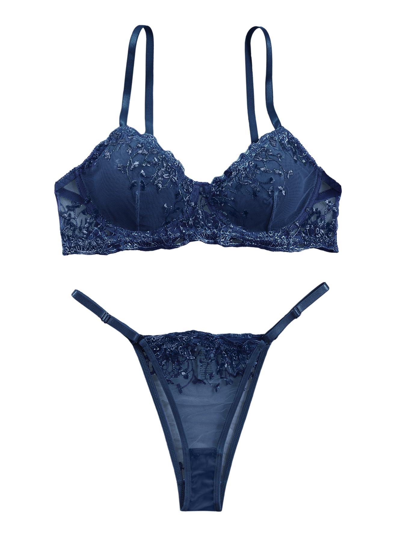 Lilosy Lilosy Sexy Floral Embroidered Mesh Women Underwire Push Up Lingerie Set, Leaf Navy Blue, XS