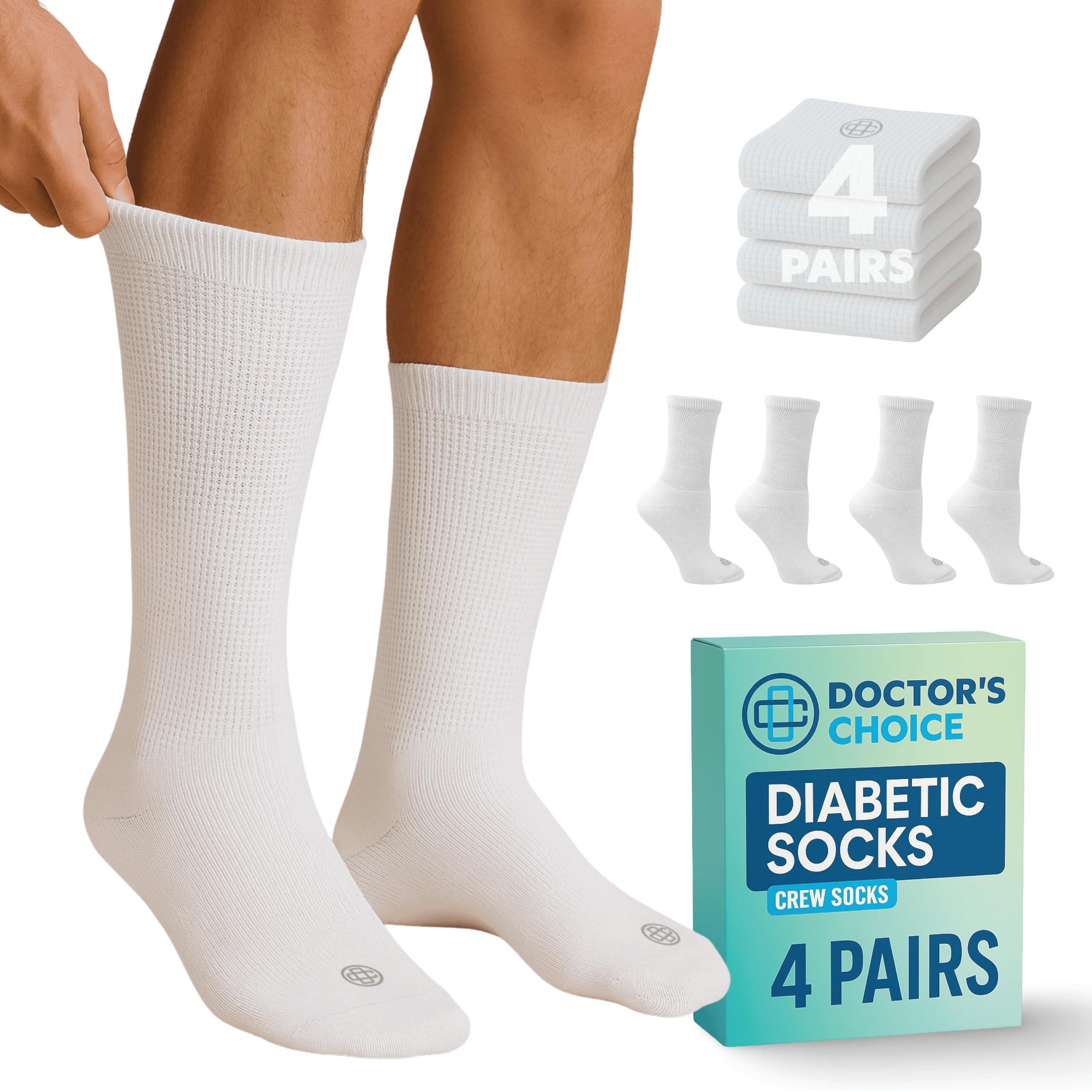 Doctor\'s Choice Doctor's Choice Diabetic Socks for Men, Seamless Socks with Non Binding Top, 4 Pairs, Large 9-12 & X-Large 13-15, White/Crew, Large