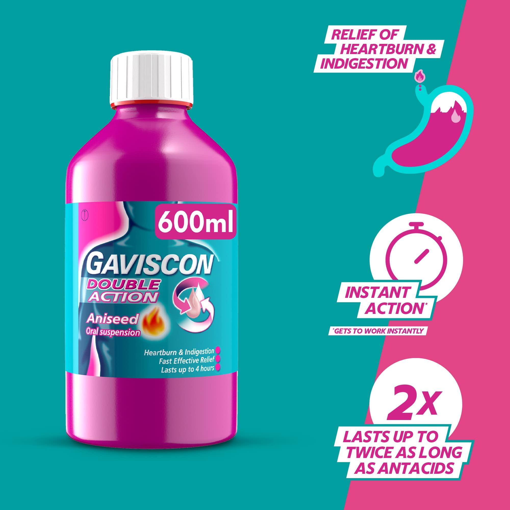 Gaviscon Gaviscon Double Action Aniseed Liquid 600 ml - Heartburn & Indigestion Relief, Stomach Acid & Reflux Solution, Pregnancy Safe, Lasts Up to 4 Hours, Antacid for Digestion