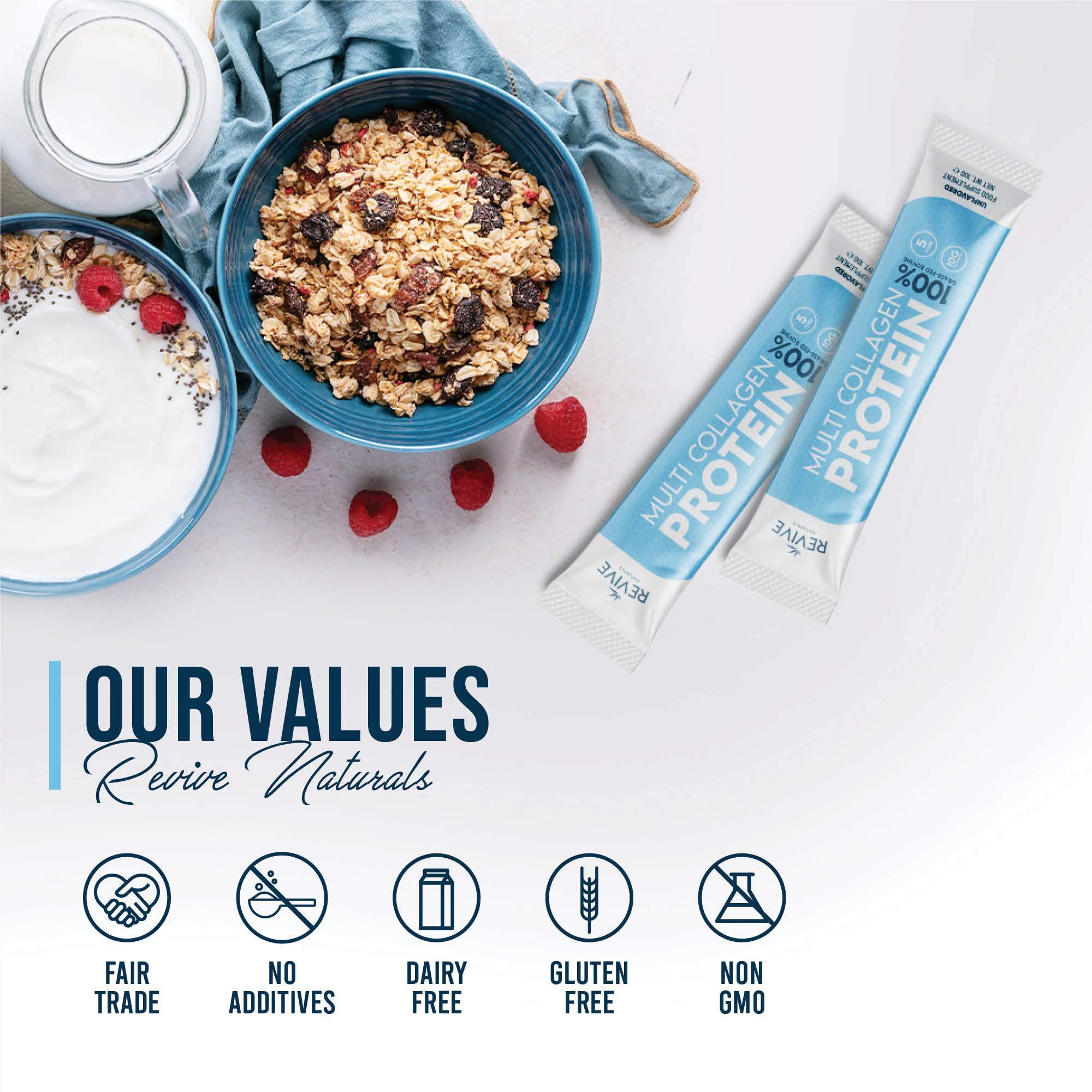 Revive Naturals Multi Collagen Protein Powder Packets - Types I, II, III, V & X - Hydrolyzed Grass Fed Bovine, Wild Caught Fish, & Free-Range Chicken & Eggshell Collagen. Non-GMO, Halal, (10g Each, 40 Packets)