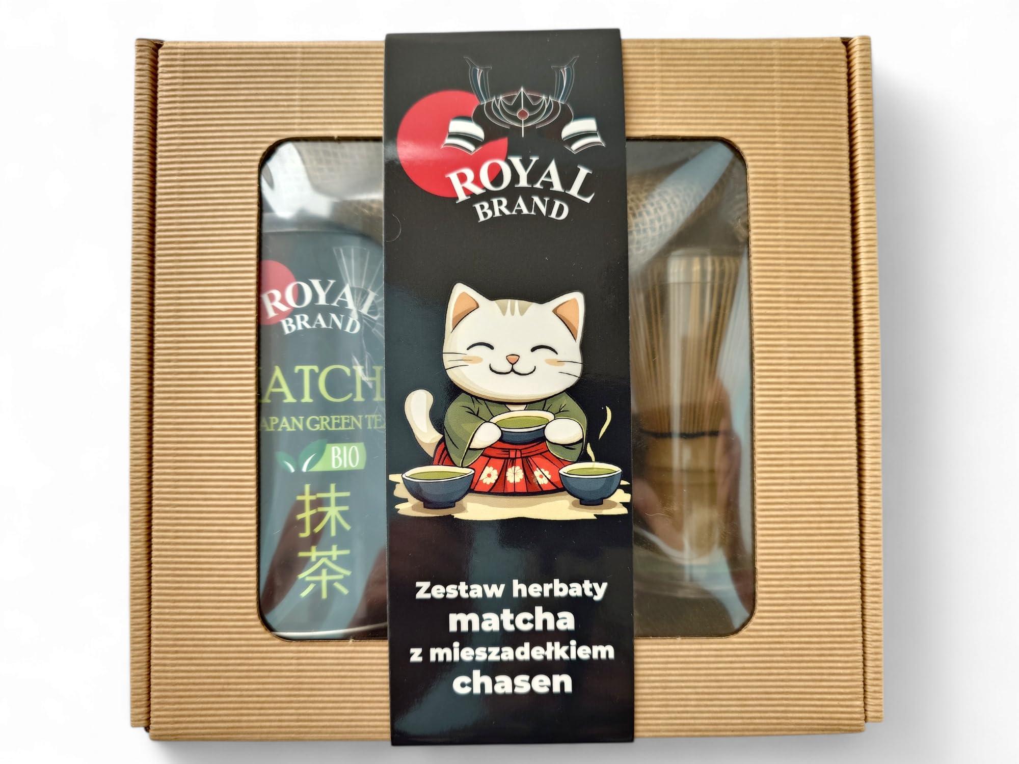 Royal Brand Royal Brand Matcha Set 100 g Organic Matcha Powder and Matcha Broom in Gift Box with Cute Cat Matcha Tea Powder Organic Original Green Tea from Japan Japanese Ideal for Drinking Green Tea for Latte