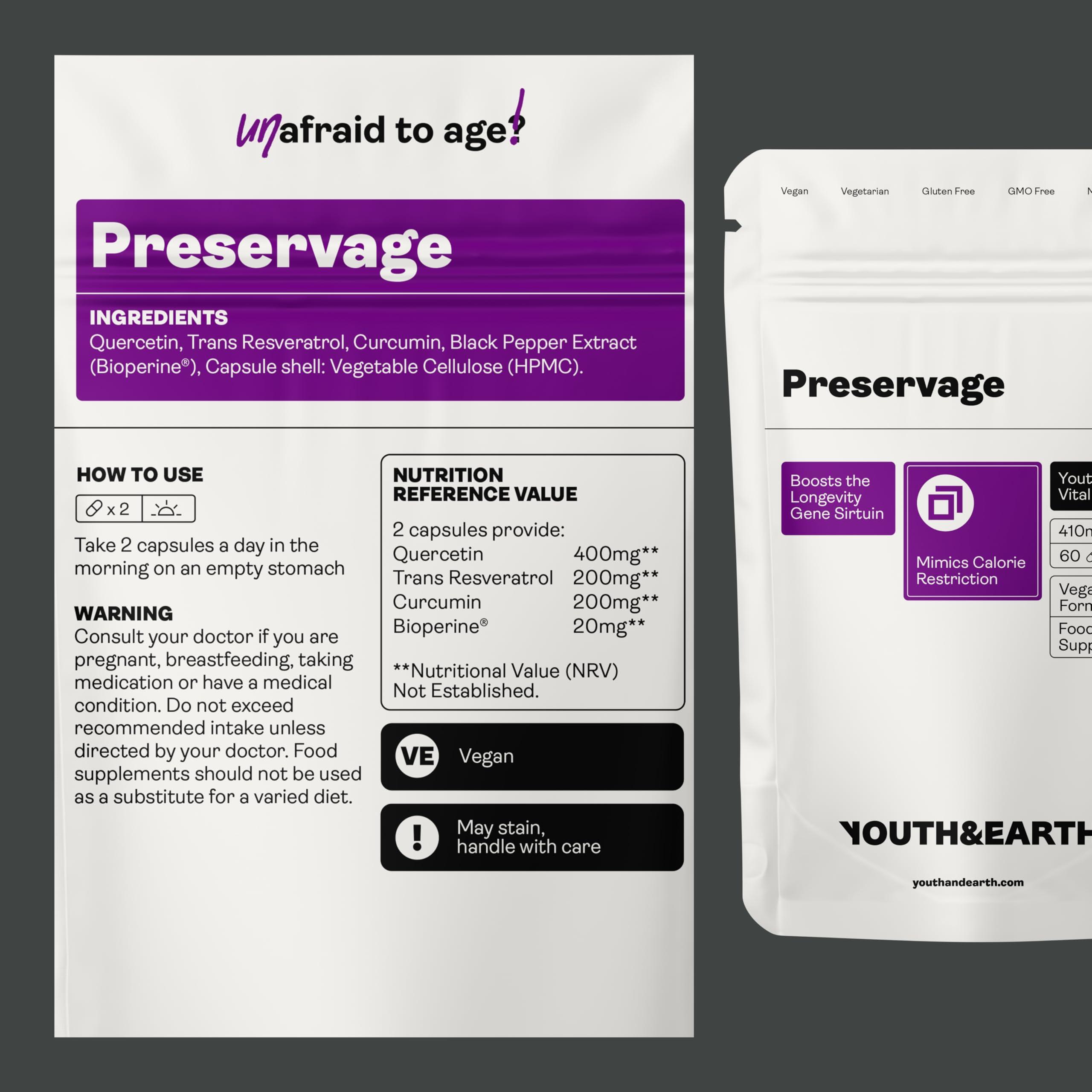 Youth & Earth Youth & Earth Preservage (Curcumin,Trans Resveratrol,Quercetin, & BioPerine) 410mg - Resveratrol Supplements for Sirtuin Activation - Mimics Calorie Restriction - 60 Capsules