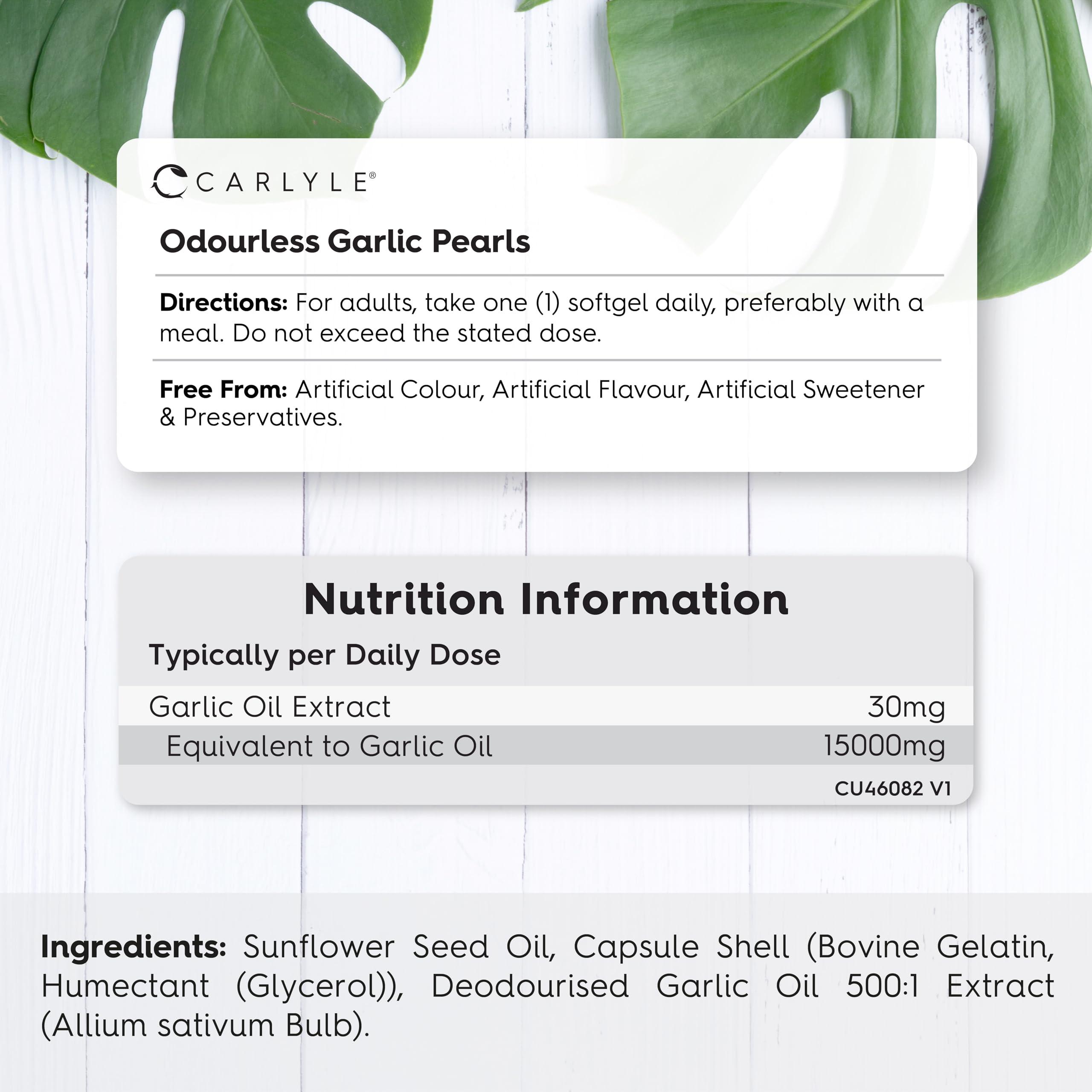 Carlyle Odourless Garlic Capsules 15,000mg | 365 Count (1 Year Supply) | High Strength Garlic Oil Pearls with Allicin | No Artificial Preservatives | by Carlyle