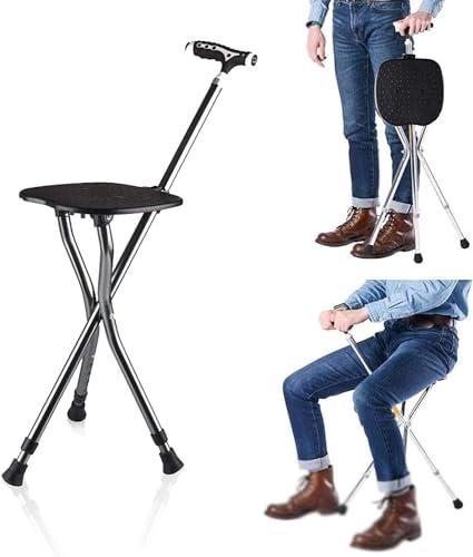 FreshCart Basics Folding Lightweight Tripod Walking Stick with Adjustable Height Seat for Elderly Portable Travel Hiking Chair for Fishing and Leisure Activities in the Park