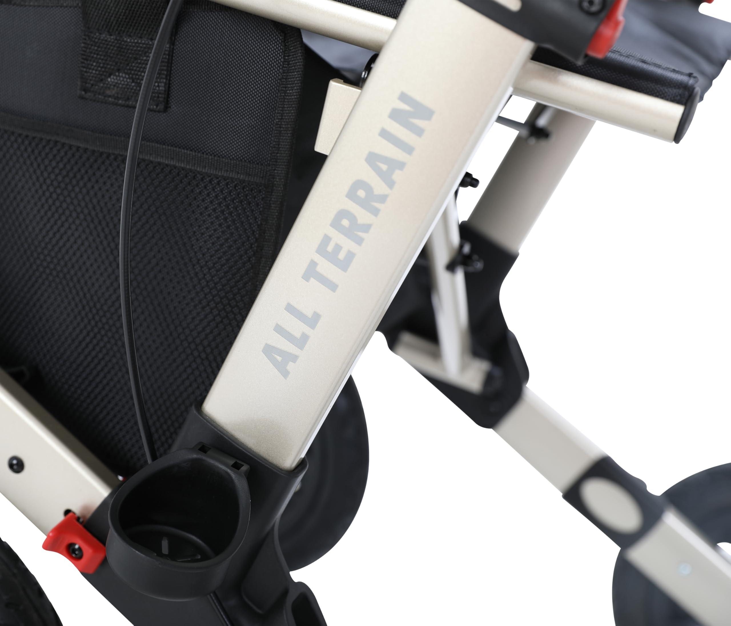 MobiQuip MobiQuip All Terrain 4 Wheel Walker with Seat, Folding Rollator with Large Wheels, Lightweight and Easy to Manoeuvre Over All Terrains, Walker for Adults Mobility or Walking Aid (Champagne)