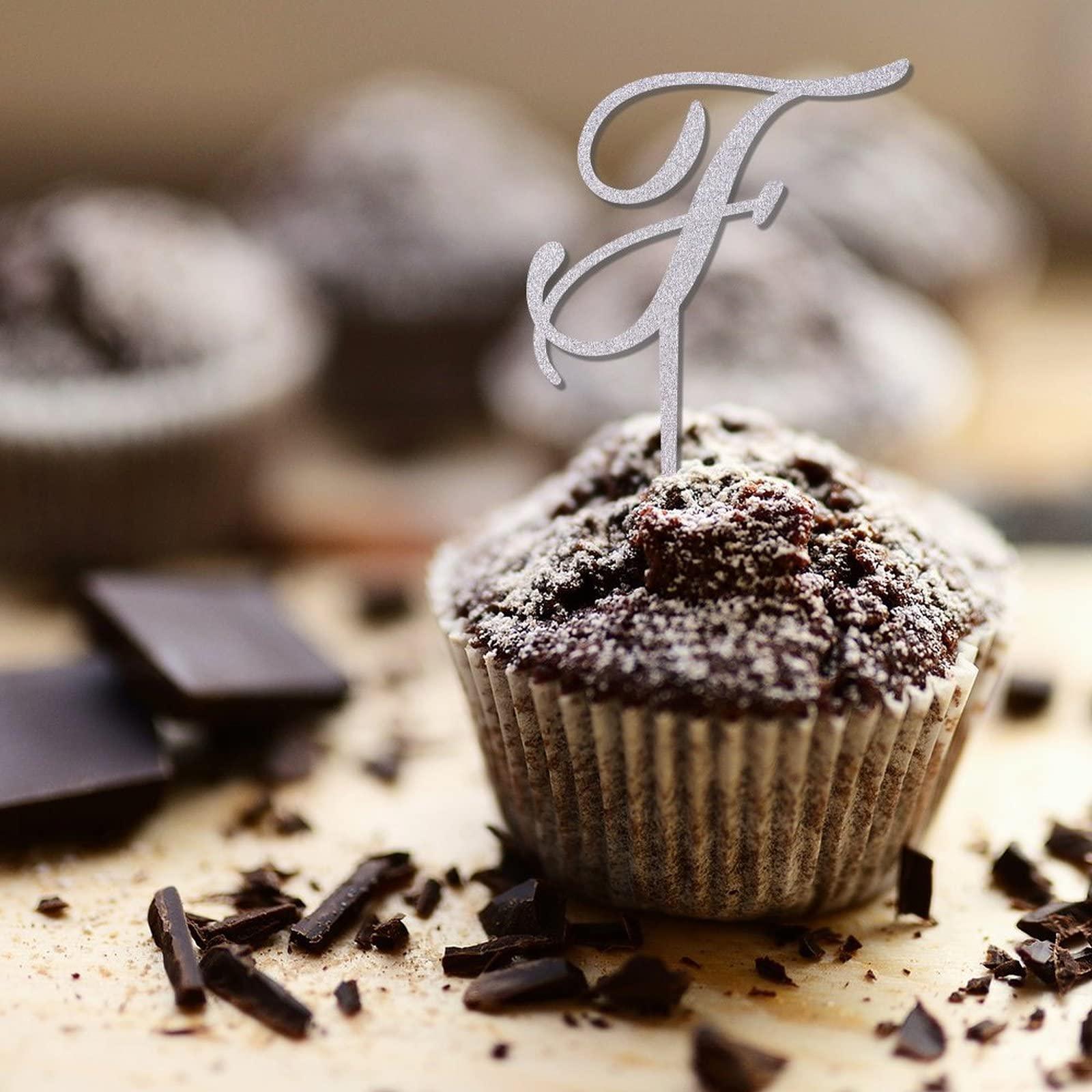 CustonCares Letter F Wedding Cupcake Toppers Monogram Initial Last Name Glitter Silver For Wedding Bridal Shower Party Decor Rustic Antlers Arrow Flower Rose Personalized 26Letters Bachelorette Gifts 24PCS