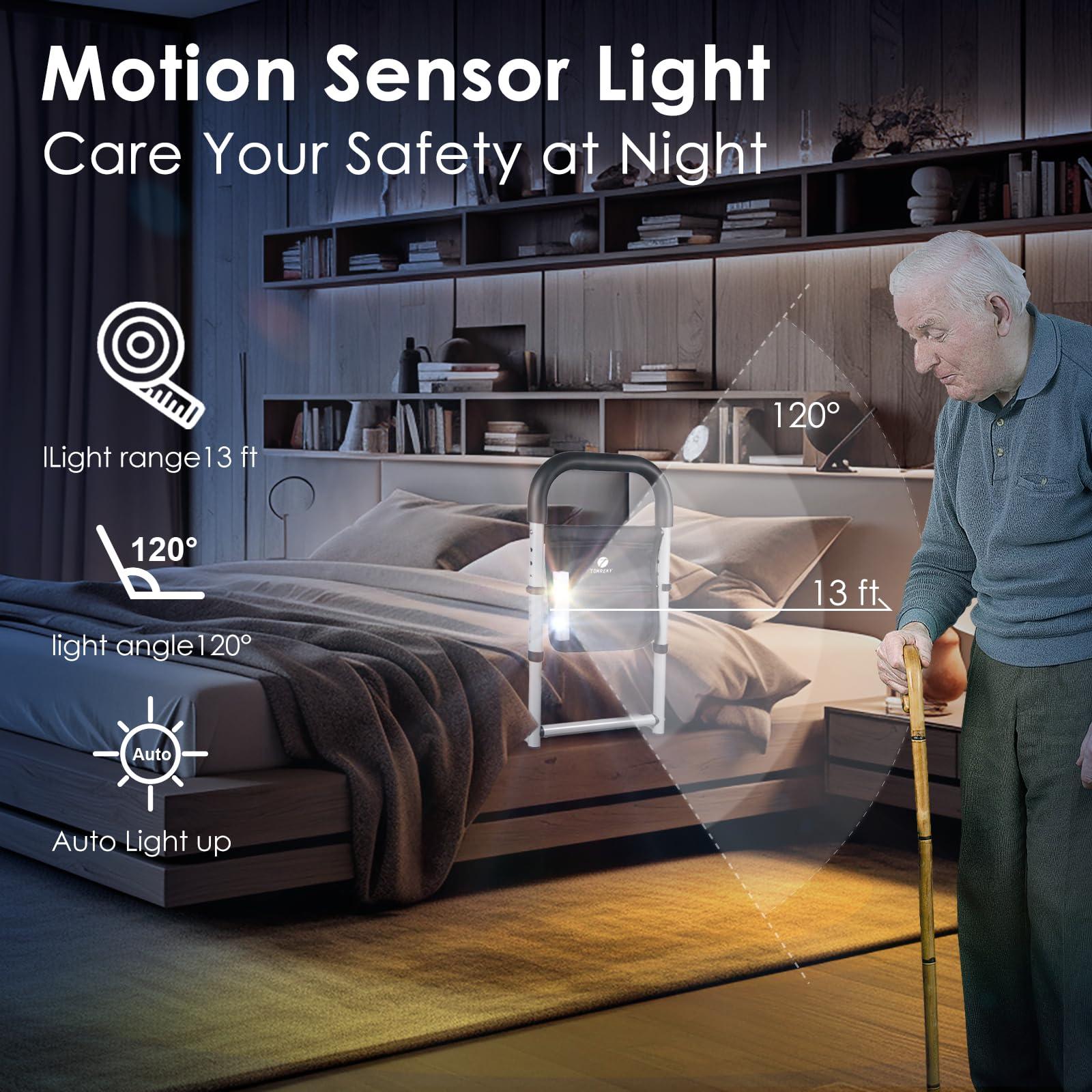 tomreky Bed Rails for Elderly Adults Assist Safety with Motion Light for Seniors Hand Bar Grab with Storage Pocket Patent Stabilizer with Fixing Strap, Support Up to 300lbs Grey