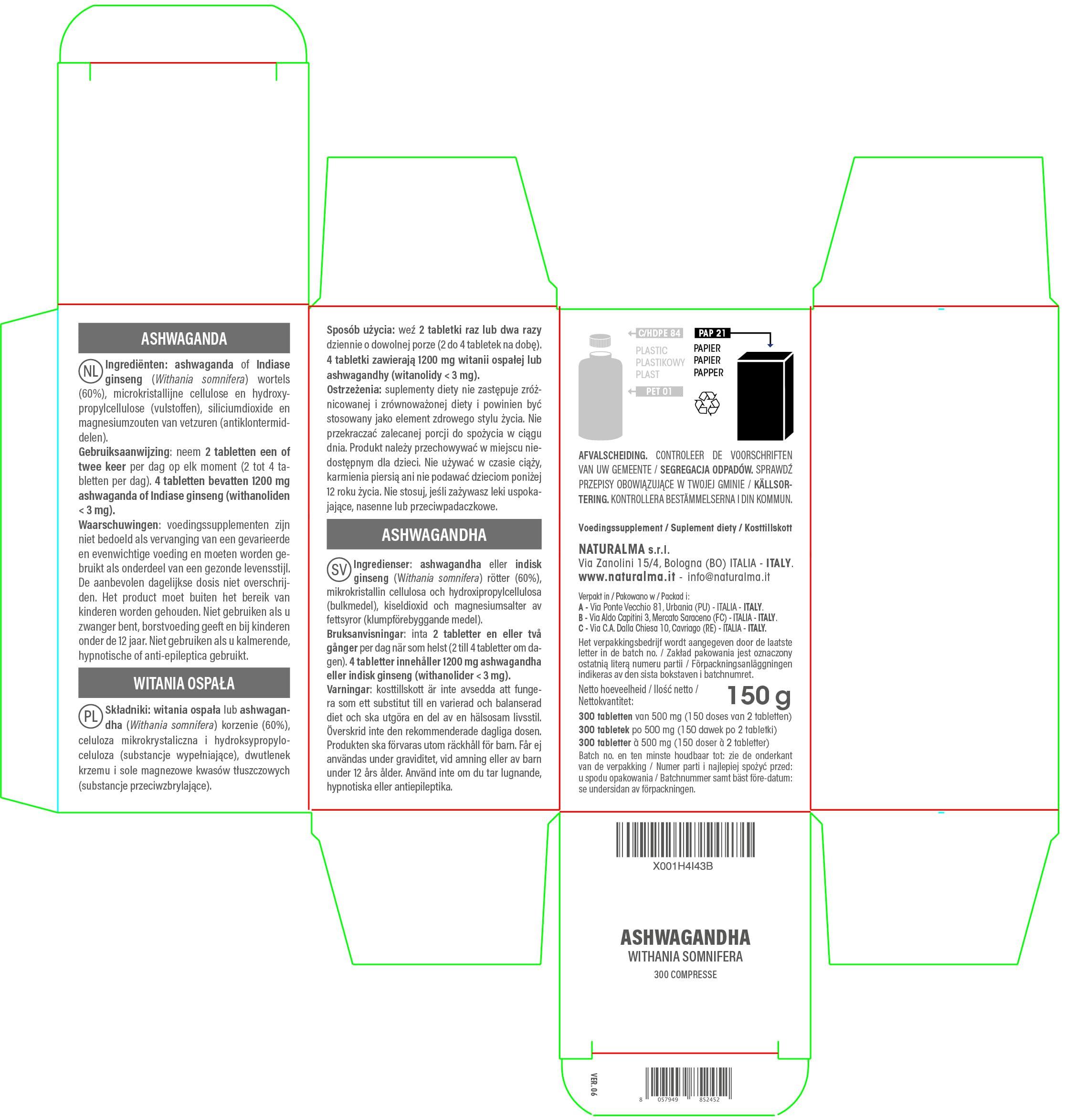 Naturalma Ashwagandha or Indian Ginseng (Withania somnifera) Roots Naturalma - 150 g - 300 Tablets - Food Supplement - Natural and Vegan