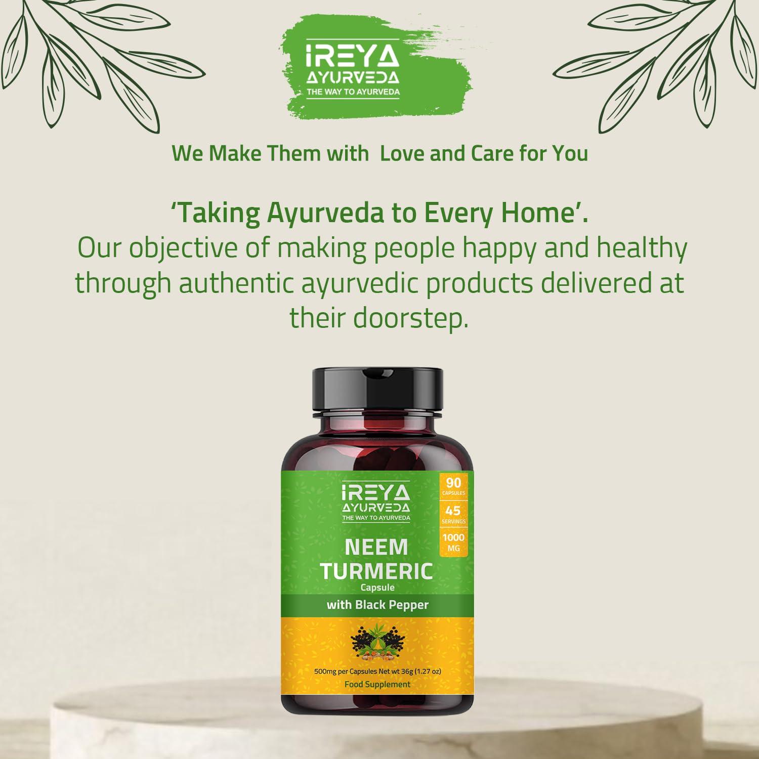 Ireya Ayurveda Neem Turmeric Capsules with Black Pepper Neem Herbal Supplement, Ayurvedic Herbal Cleanser, Detoxification, Enhances skin Health and Immunity (90 Capsules)