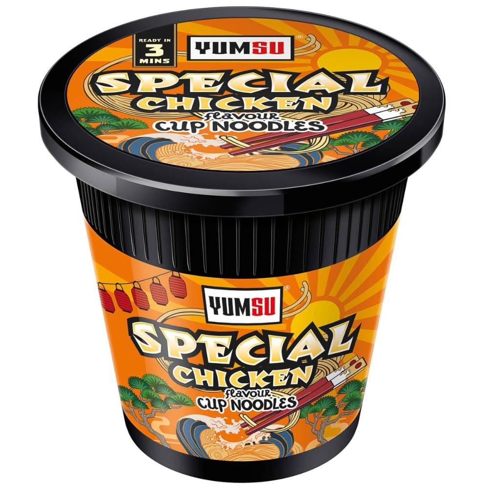 Yumsu Instant Pot Noodles Halal Certified Instant Special Chicken Flavoured Noodles Vegetarian Egg Free 60g (Pack of 6) + FabFinds Mug