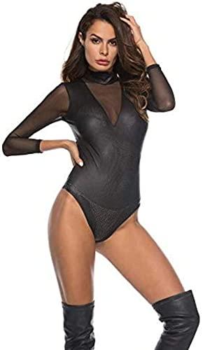 ANTIY Faux Leather Bodysuit Women's Sexy Wetlook Lingerie Mesh Transparent Bodysuit Faux Leather Catsuit,Black,X-Large