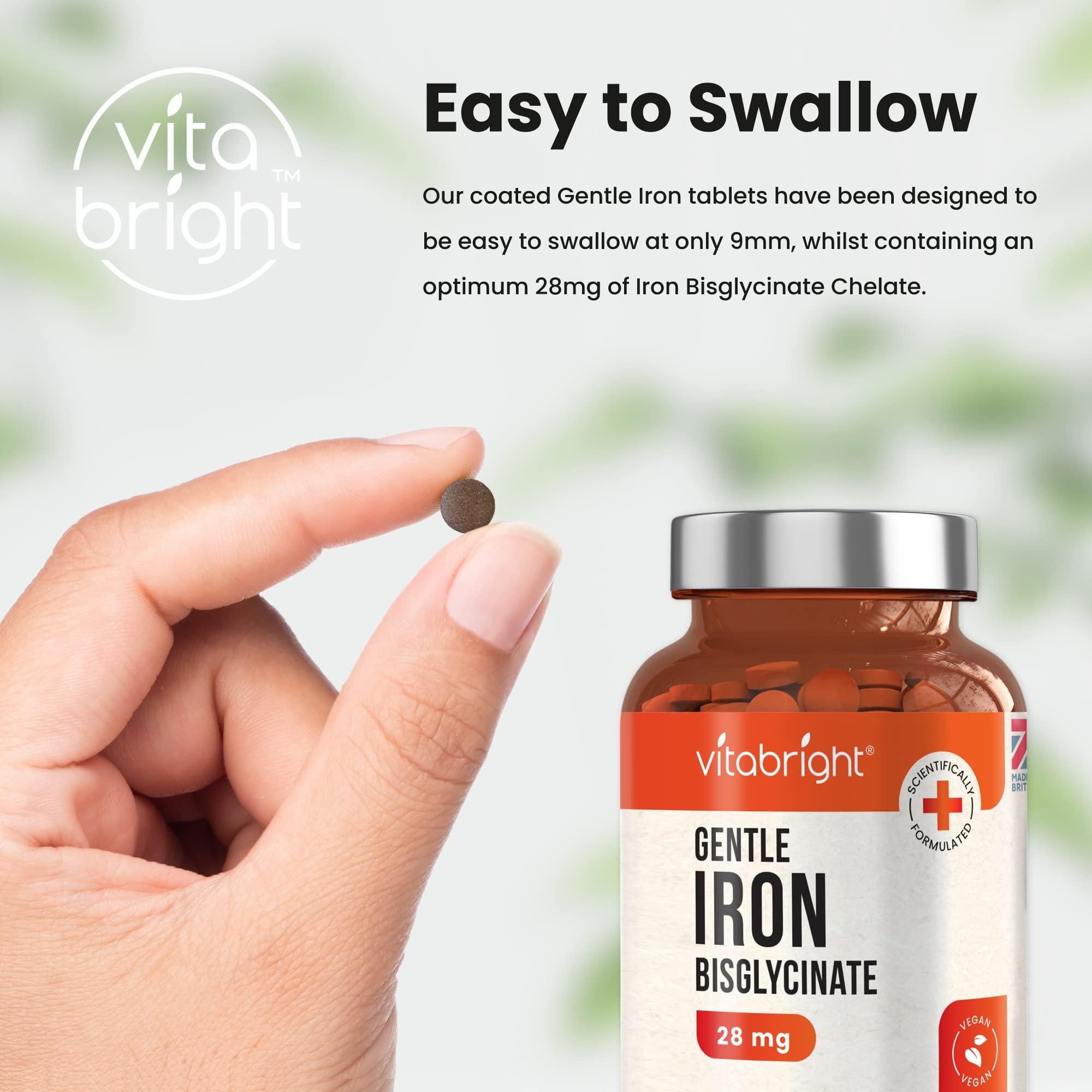 VitaBright Gentle Iron Tablets High Strength 28mg Vegan Iron Tablets Women & Men, Chelated (Organic) Iron Supplements for Women & Teens, Energy Tablets for Tiredness, VitaBright Strong Iron Bisglycinate