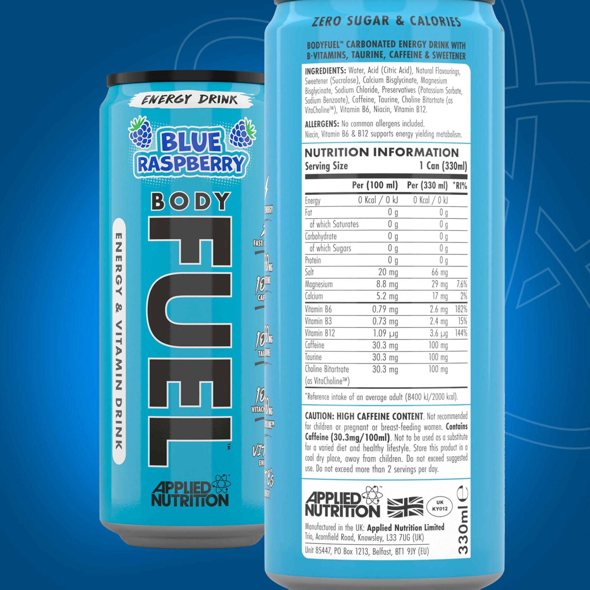 Applied Nutrition Applied Nutrition BodyFuel Energy & Vitamins Drink - Fast Energy, Energy Drink, Sugar Free with Caffeine (Pack of 12 Cans x 330ml) (Blue Raspberry)