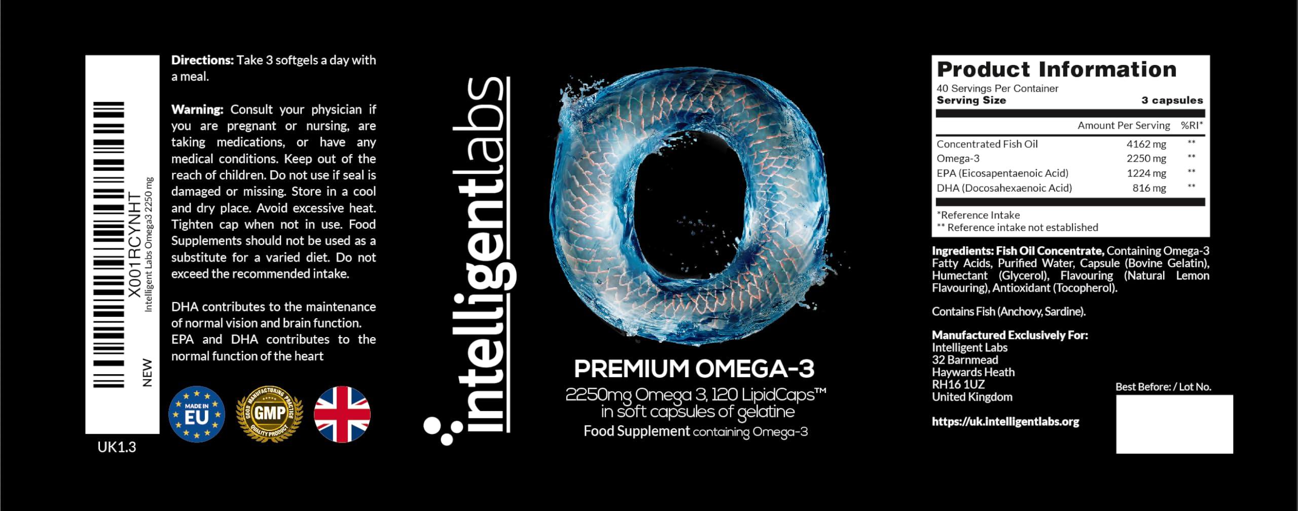 Intelligent Labs Intelligent Labs Triglyceride Omega-3 | 2,250 mg Fish Oil (1,224 mg EPA + 816 mg DHA + 210 mg Other Omega-3) | 120 Softgels | High-Potency Fish Oil Supplement